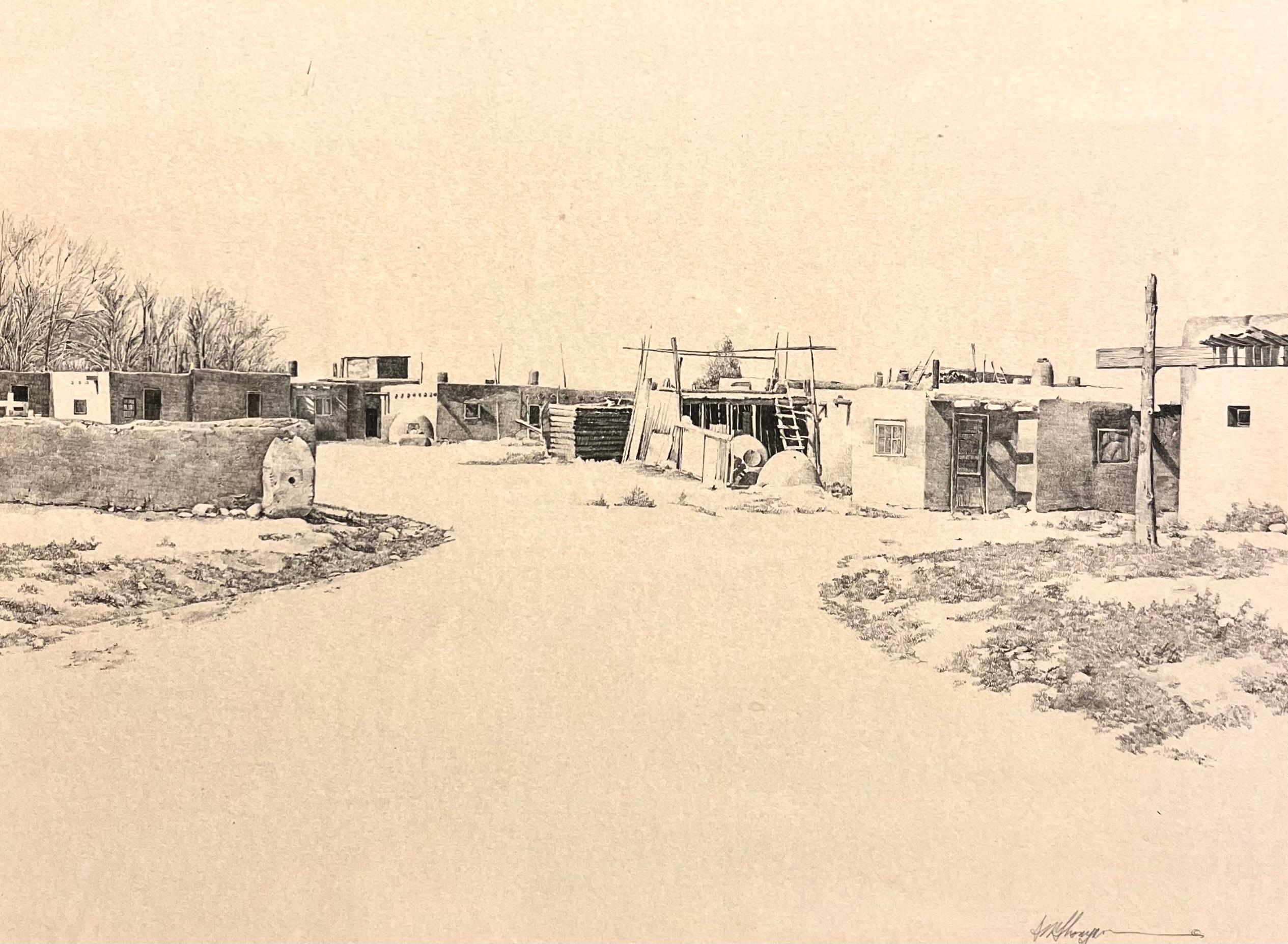 Sketch of Taos, New Mexico titled "Adobe Homes"