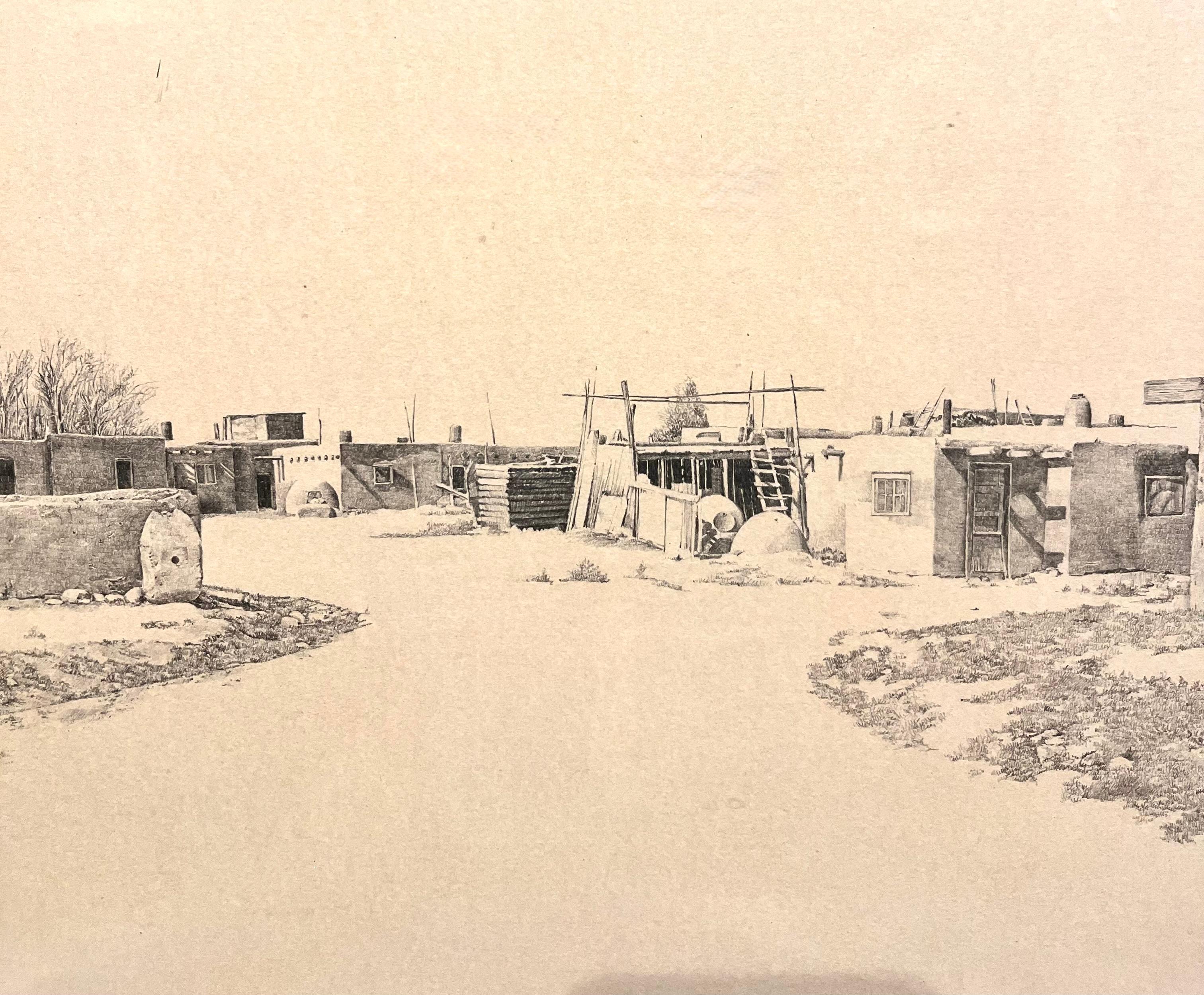 Cette esquisse au crayon de maisons en adobe de S. Mark Thompson, réalisée vers 1950 et signée en bas à droite, offre une étude tranquille mais fascinante de l'architecture et de l'atmosphère du Sud-Ouest. Le dessin rigoureux de Thompson est évident