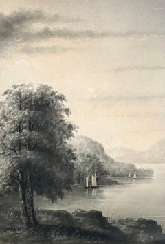 Hudson River School Sandpaper Drawing titled "Sailing Down the Hudson River"