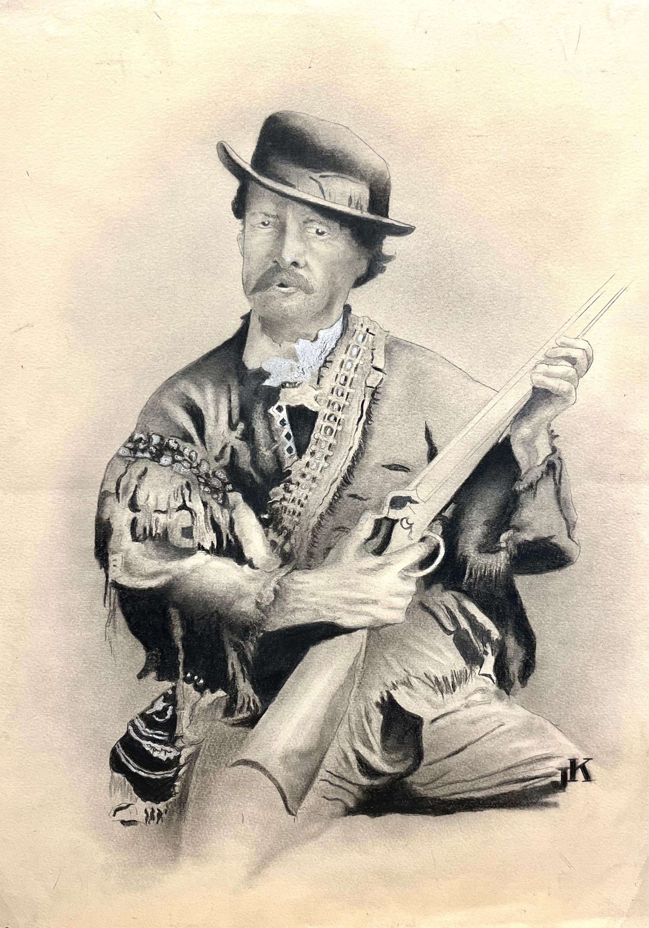Western Cowboy Graphite Drawing on Paper, 20th Century, Signed JK