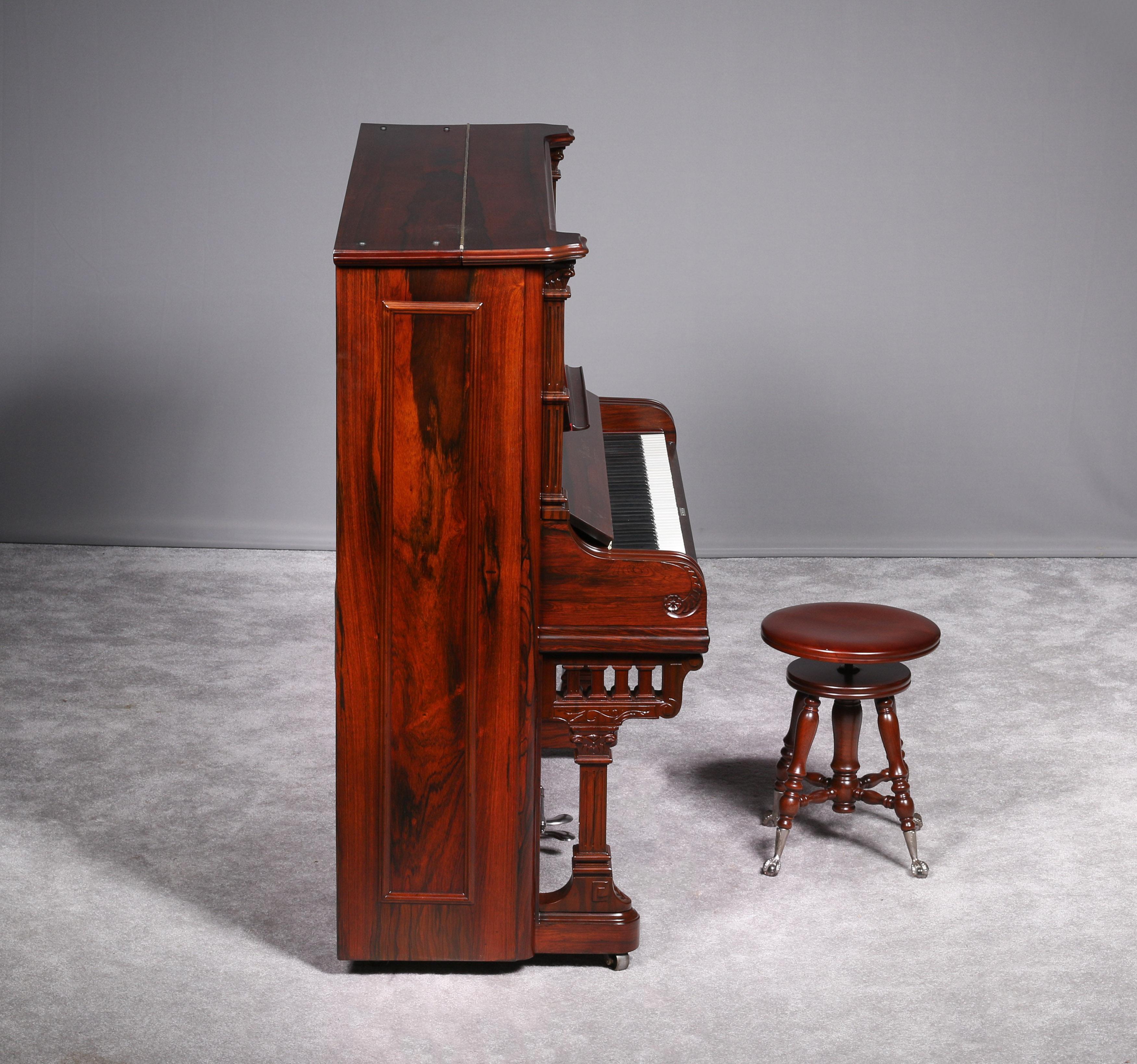 The instrument is done in a Brazilian Rosewood finish and is of the carved Victorian style. The piano has been fully restored and refinished, inside and out, and the restoration was done with a full historical perspective in mind.

1. Weight: 700