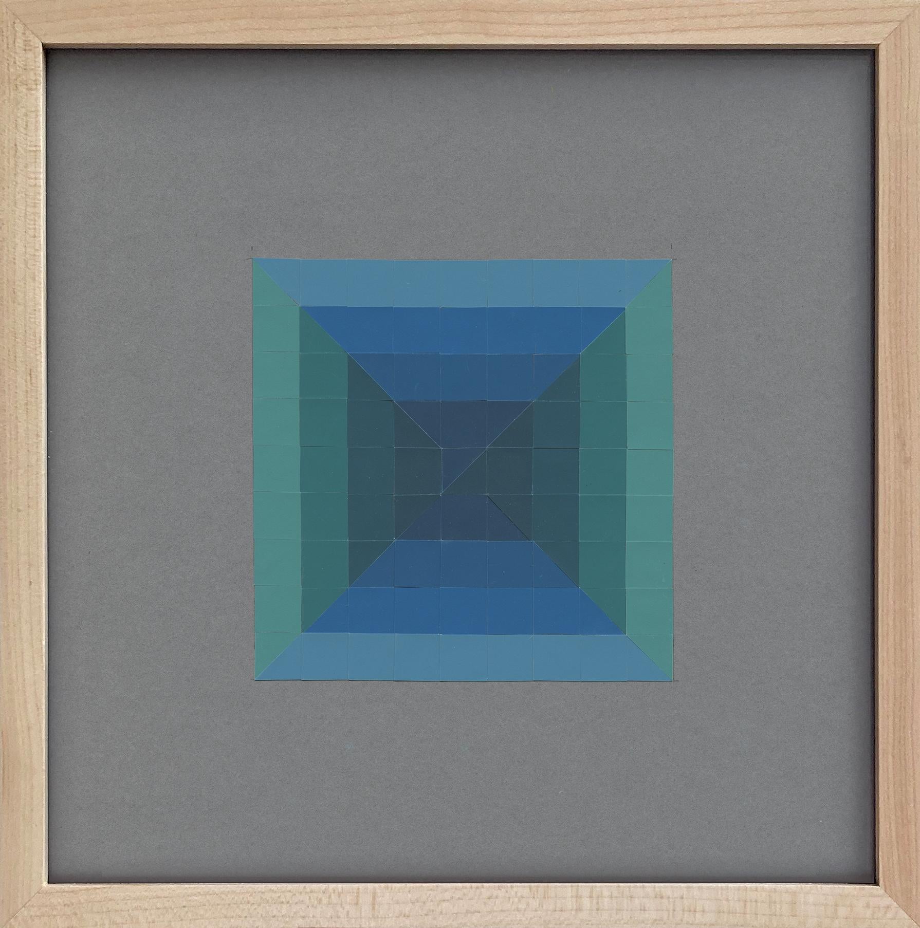 #27, Joseph Albers Color Aid Paper Collage, Deep Blue & Optical Illusion Grid