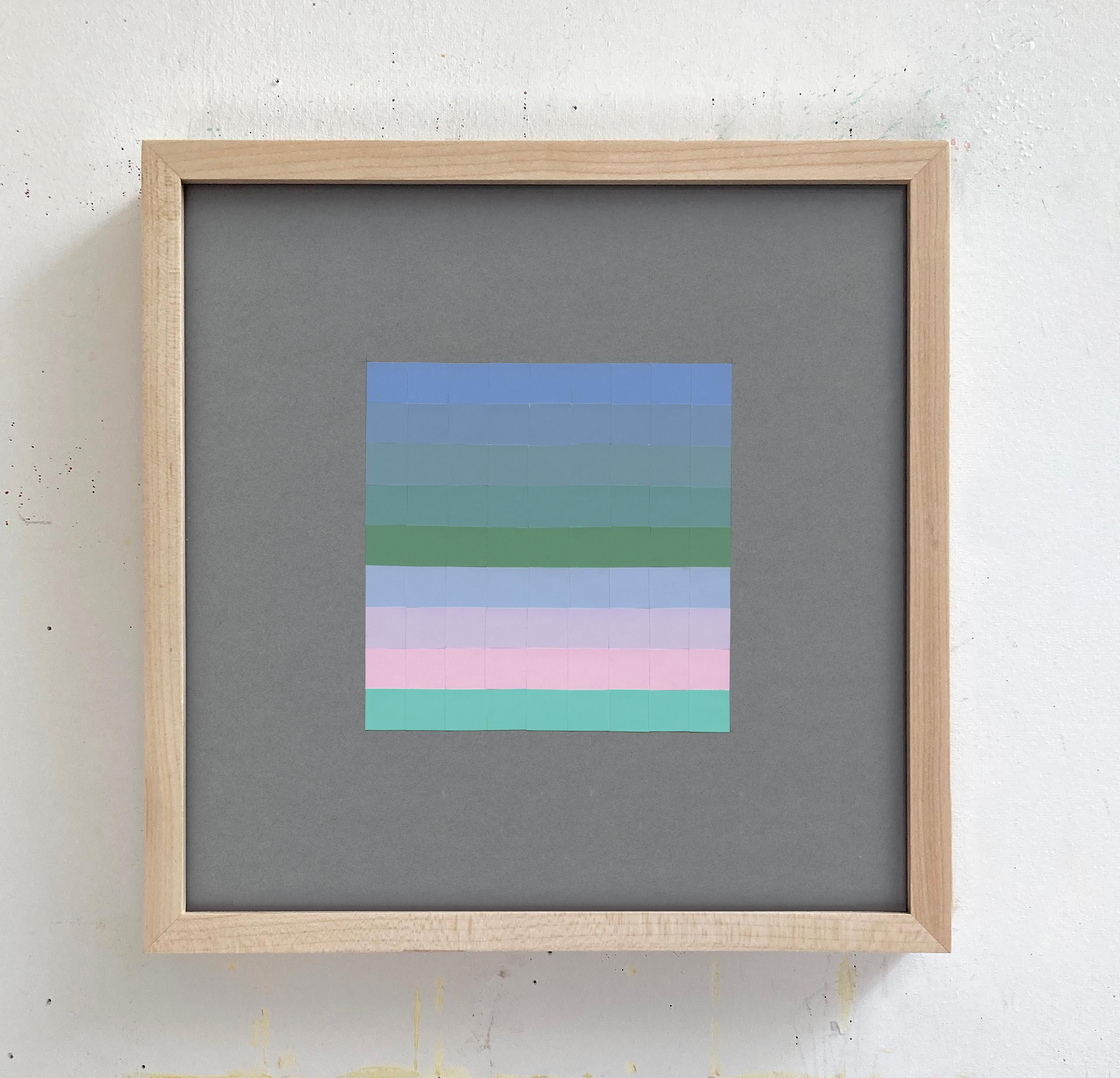 Abstraktes pastellfarbenes und gestreiftes Gitter, Joseph Albers Color Aid Papier-Collage, #28 (Geometrische Abstraktion), Art, von Lucía Rodríguez Pérez