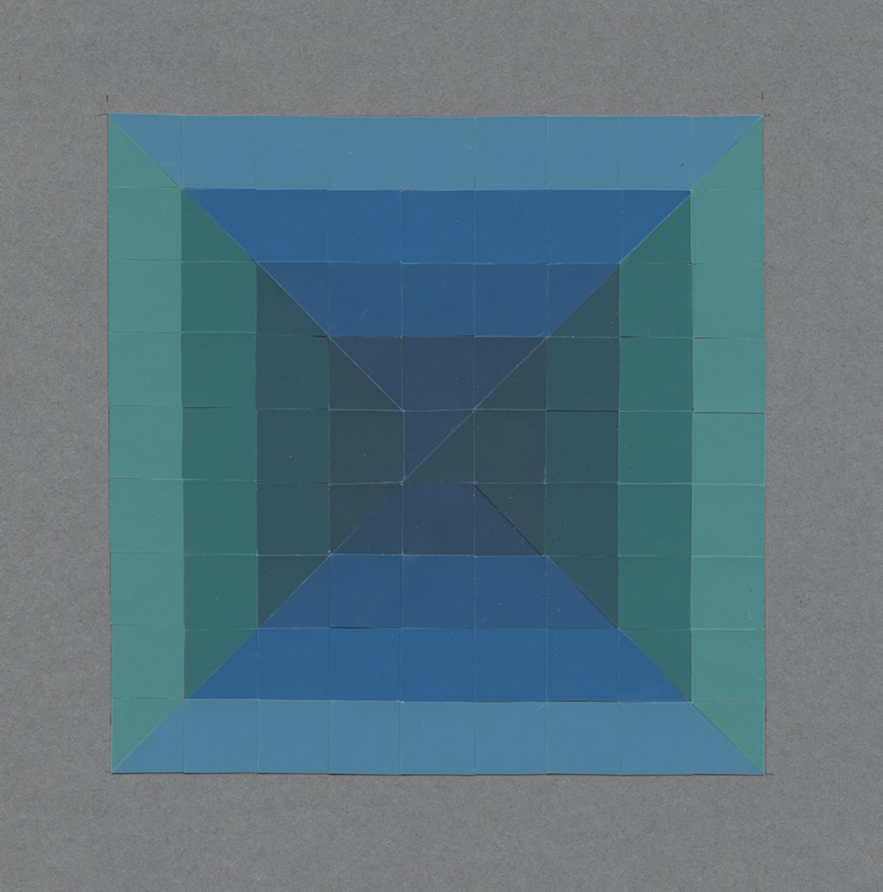 #27, Joseph Albers Color Aid Paper Collage, Deep Blue & Optical Illusion Grid - Abstract Geometric Art by Lucía Rodríguez Pérez