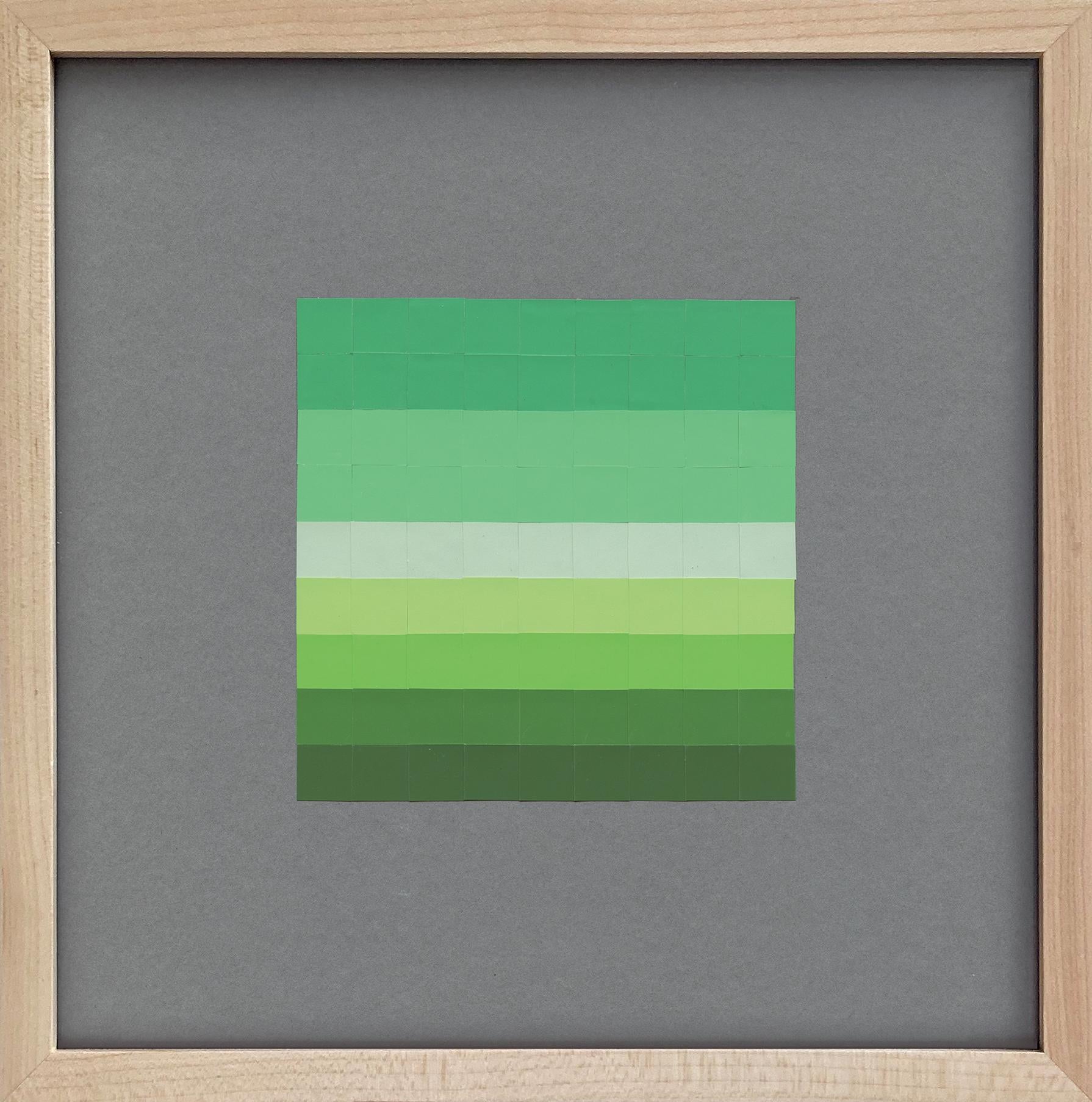 #31, Abstract Green / Pastel Stripe Grid, Joseph Albers Color Aid Paper Collage - Art by Lucía Rodríguez Pérez