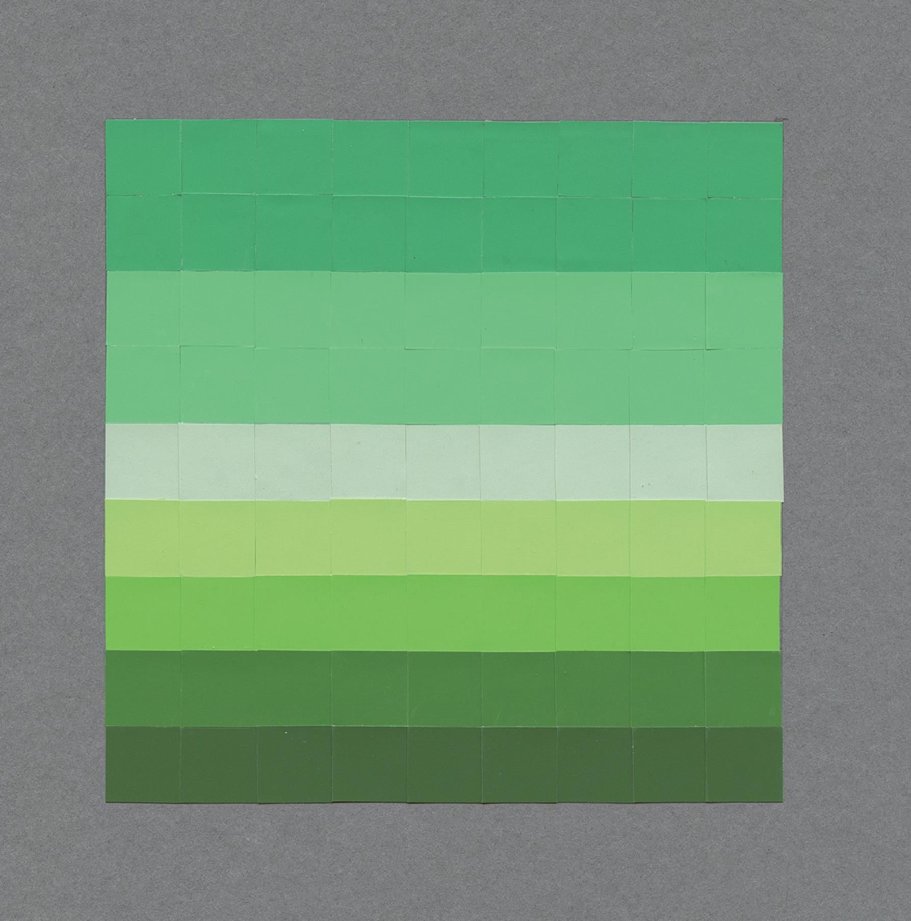 #31, Abstract Green / Pastel Stripe Grid, Joseph Albers Color Aid Paper Collage - Abstract Geometric Art by Lucía Rodríguez Pérez