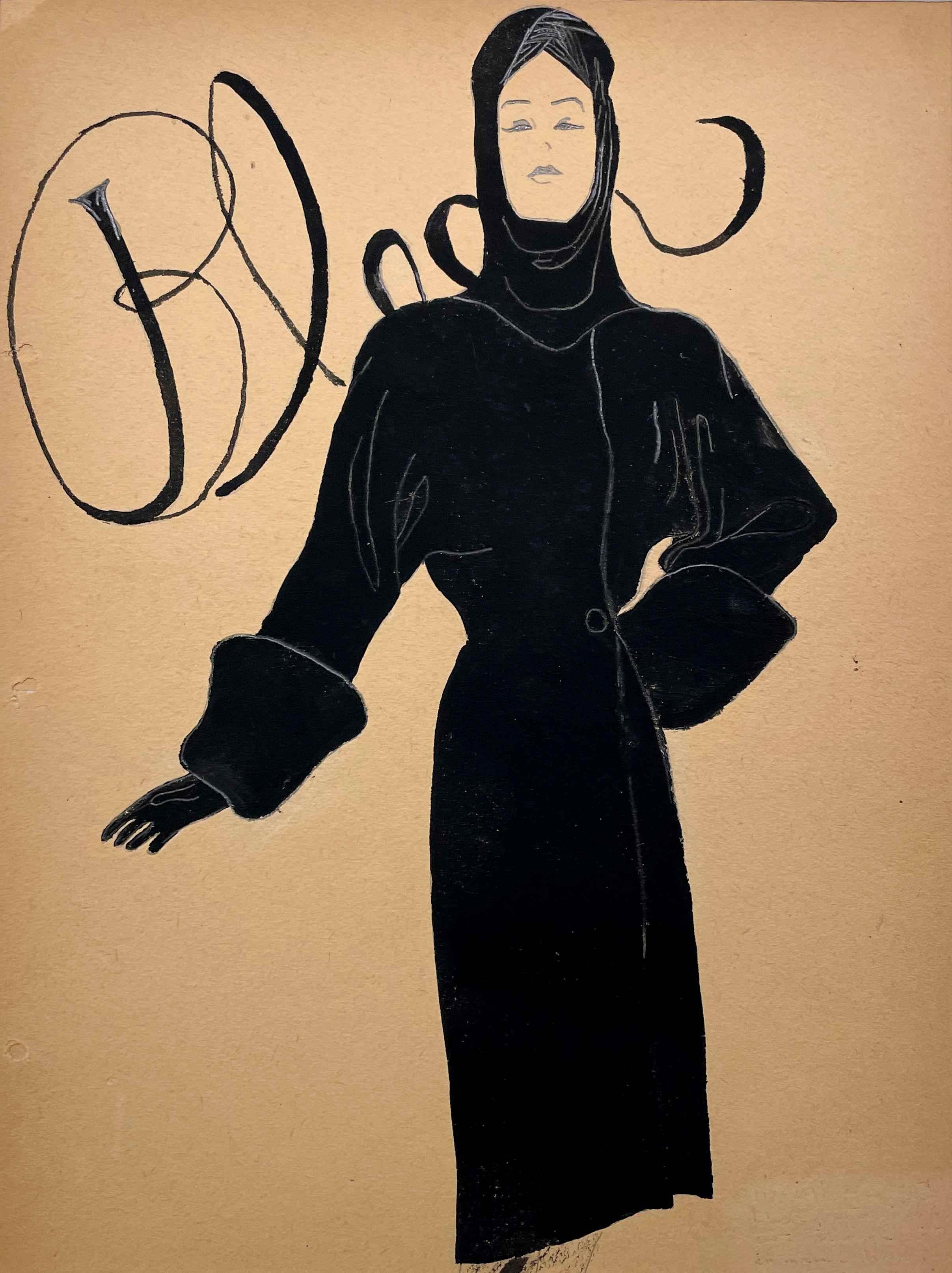 Unknown Figurative Art - Women’s Black Coat, Blum’s Vogue