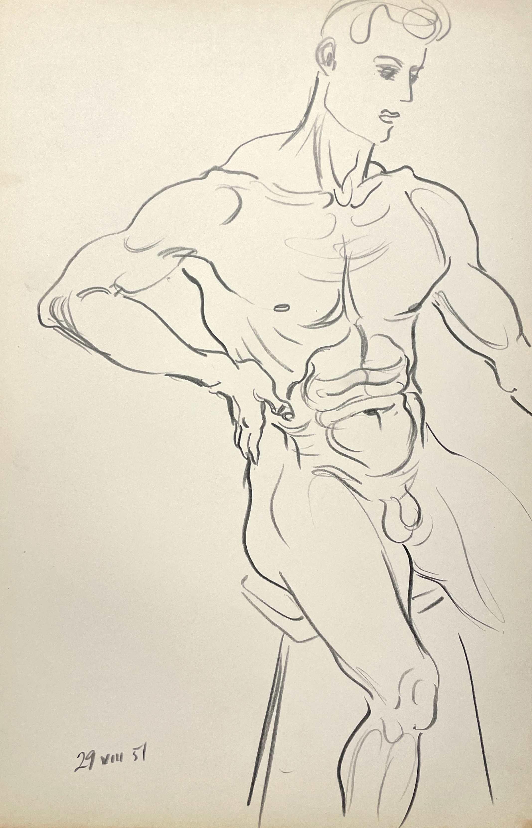 A black and white figure study of a standing nude male, from 1951, by artist Harold Haydon.  Matted to 24" x 20".  Provenance:  Estate of the Artist.  Estate stamped on reverse.

Harold Emerson Haydon was born in Fort William, Ontario, Canada in