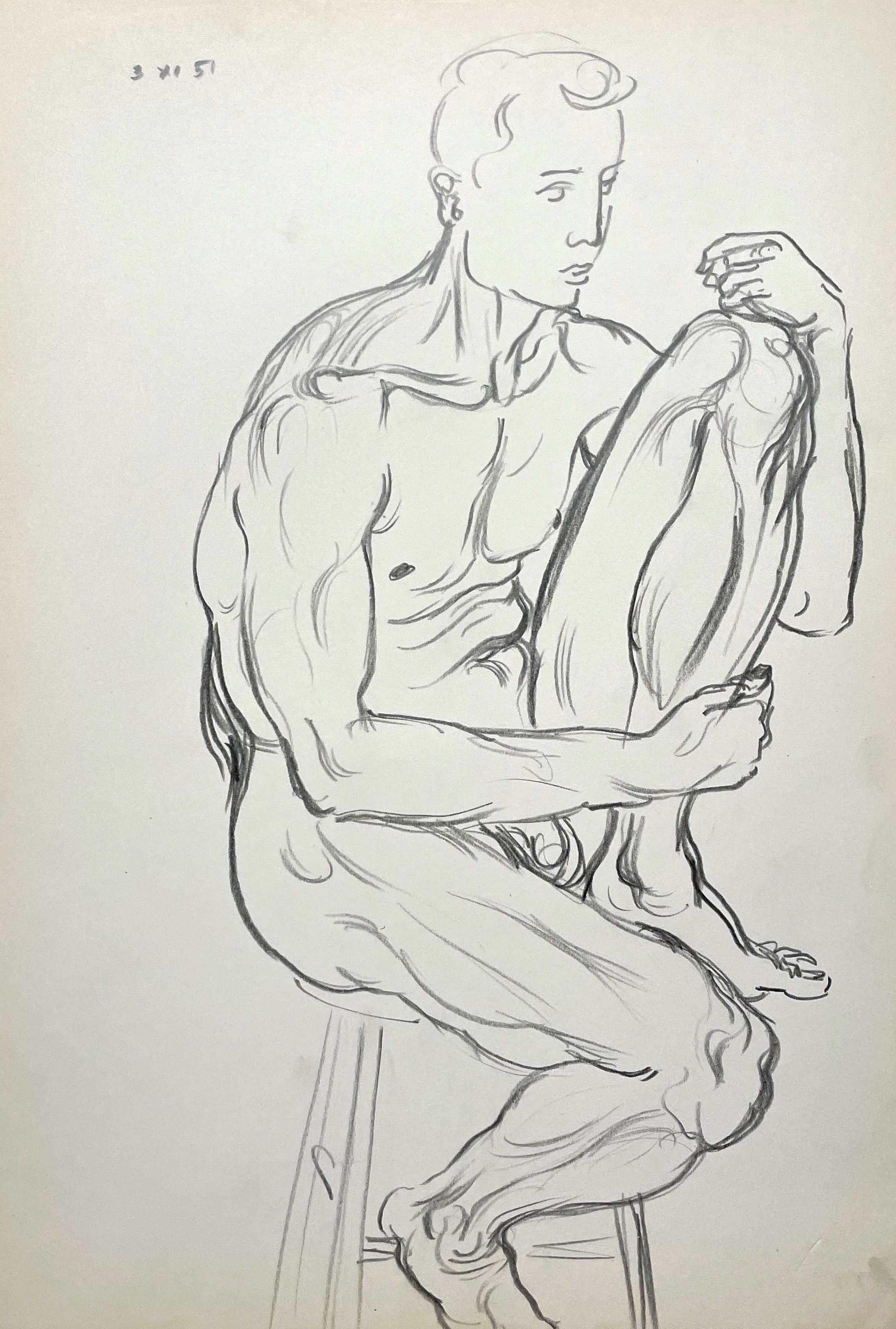 Eine Schwarz-Weiß-Figurstudie eines sitzenden männlichen Aktes aus dem Jahr 1951 des Künstlers Harold Haydon.  Mattiert auf 24" x 20".  Provenienz:  Nachlass des Künstlers.  Nachlass auf der Rückseite gestempelt.

Harold Emerson Haydon wurde 1909 in