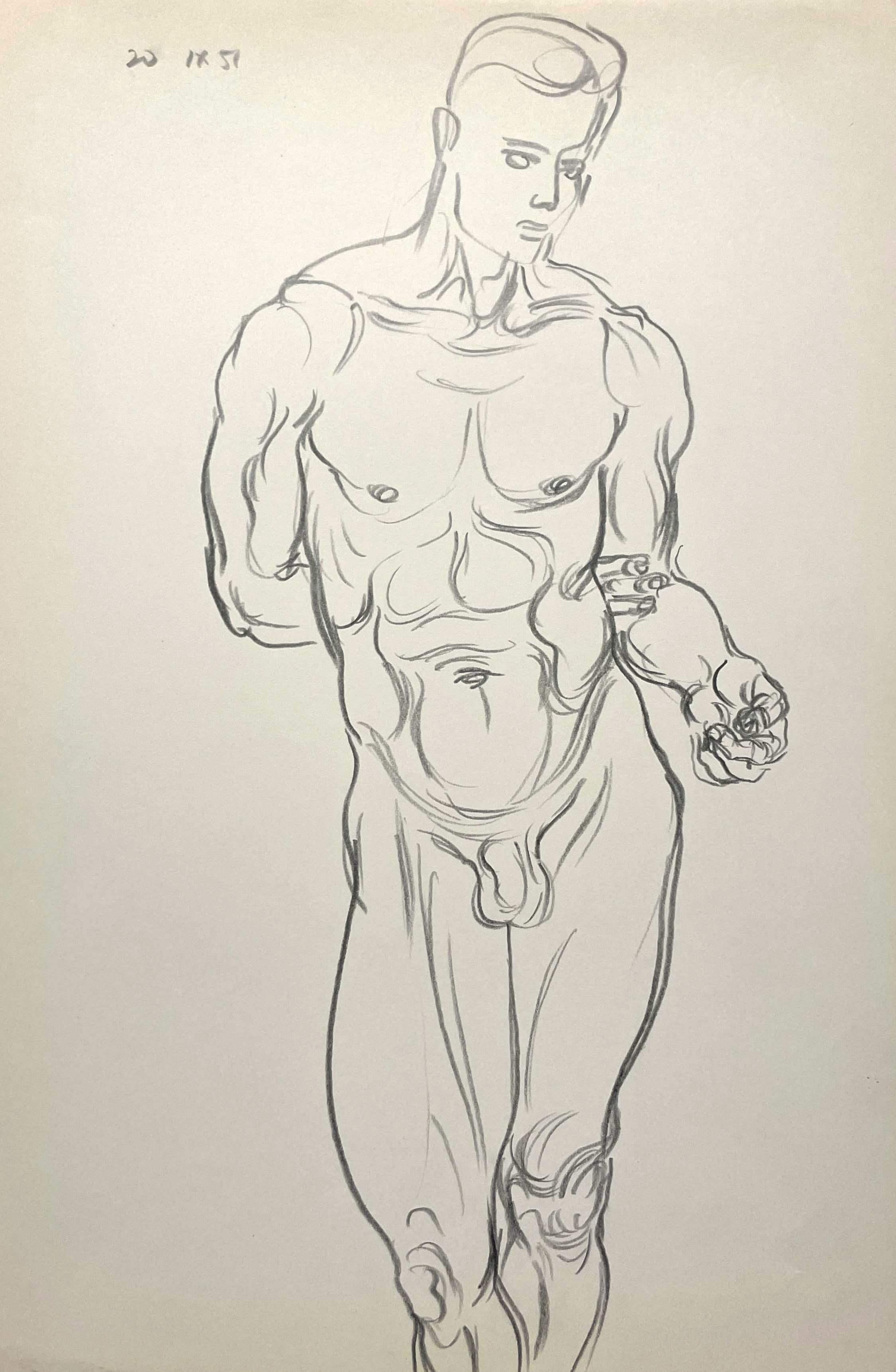 A black and white figure study of a standing nude male, from 1951, by artist Harold Haydon.  Matted to 24" x 20".  Provenance:  Estate of the Artist.  Estate stamped on reverse.

Harold Emerson Haydon was born in Fort William, Ontario, Canada in
