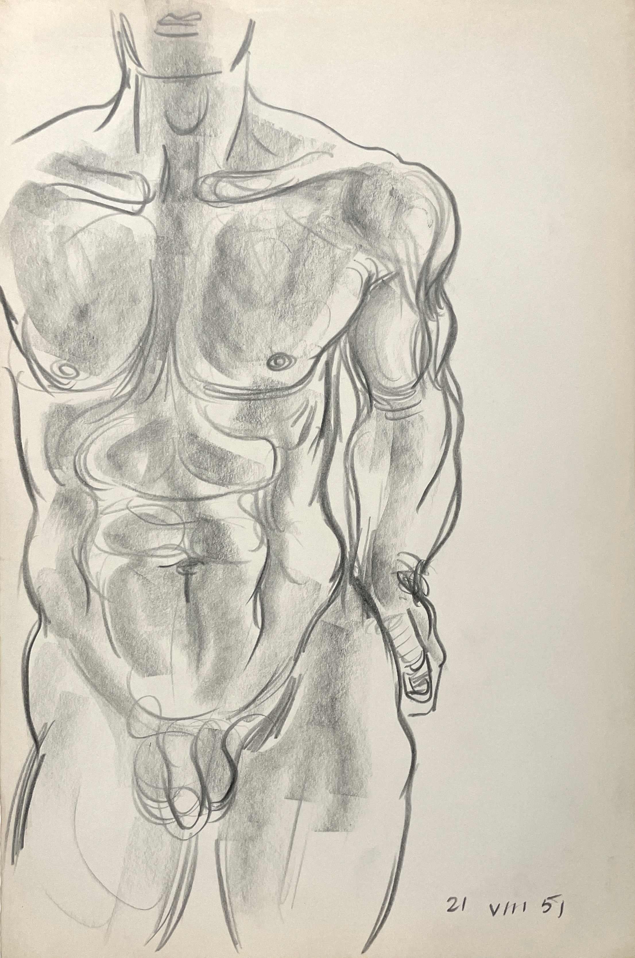 1951 Grafito sobre papel Estudio de figura-Hombre de pie-Torso del artista Harold Haydon