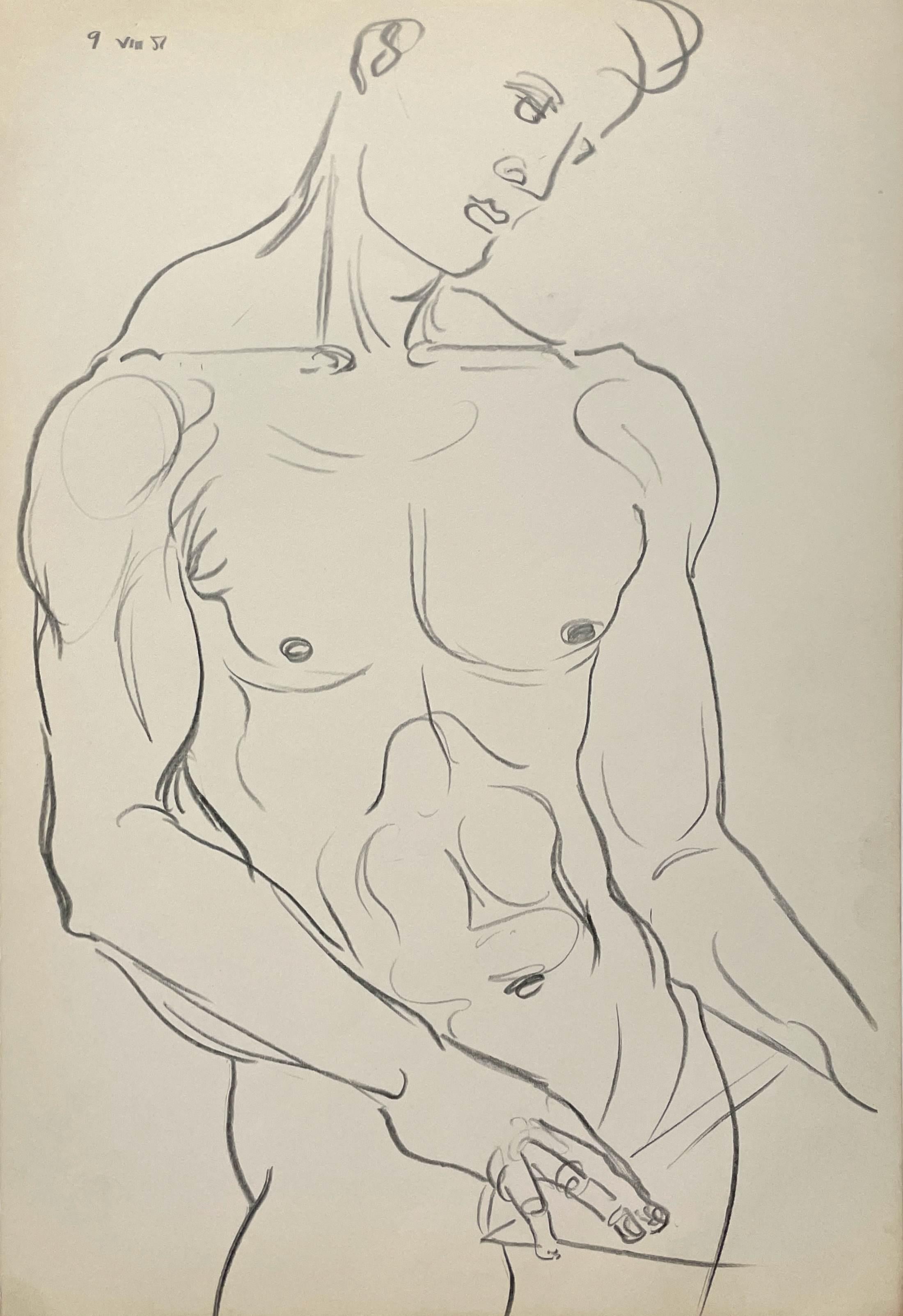 1951 Graphite on Paper Figure Study of a Standing Male by Artist Harold Haydon