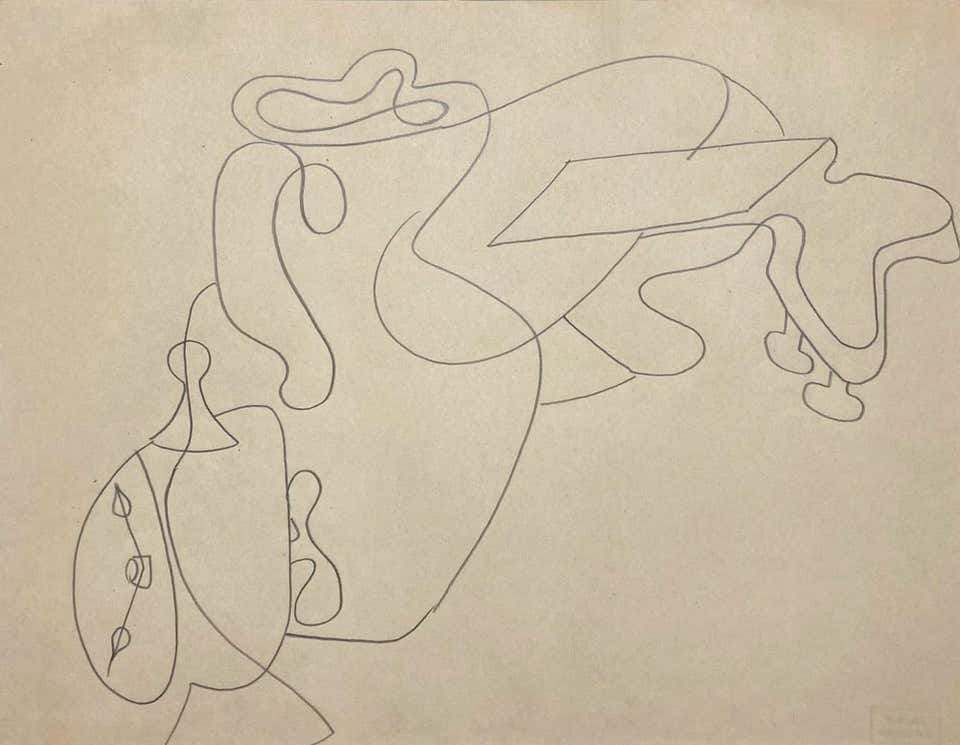 1930s Surrealist Still Life Drawing of Alarm Clock and Mandolin by Jan Matulka