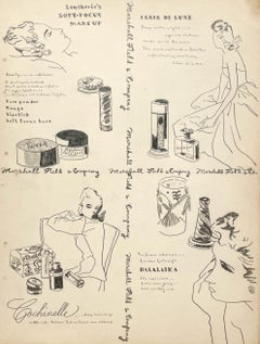 Estudio de moda de los años 40 para un anuncio de perfume en Marshall Field & Company