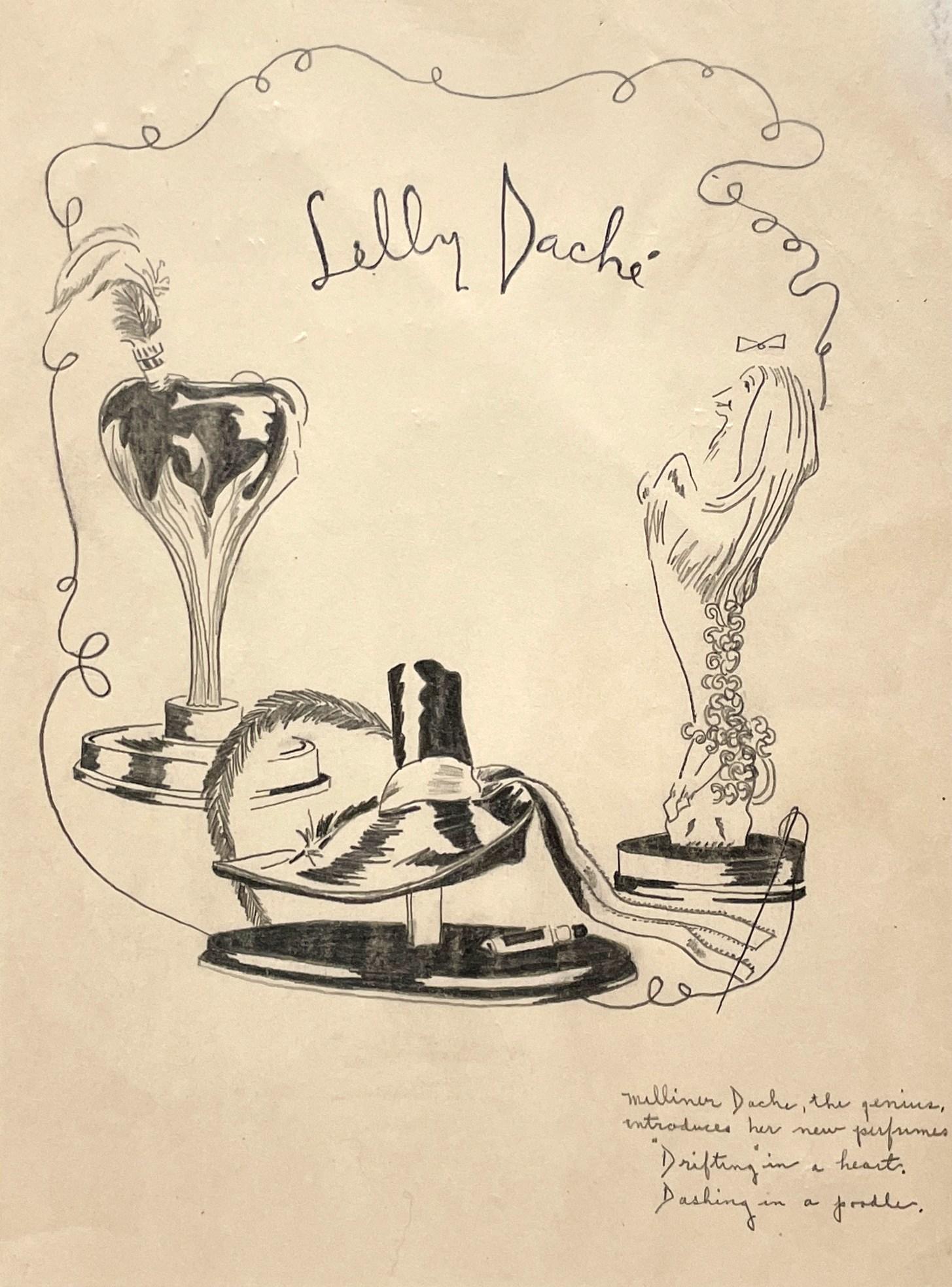 Unknown Still-Life – Modestudie aus den 1940er Jahren mit einer Werbung für Lilly Daché-Parfüms