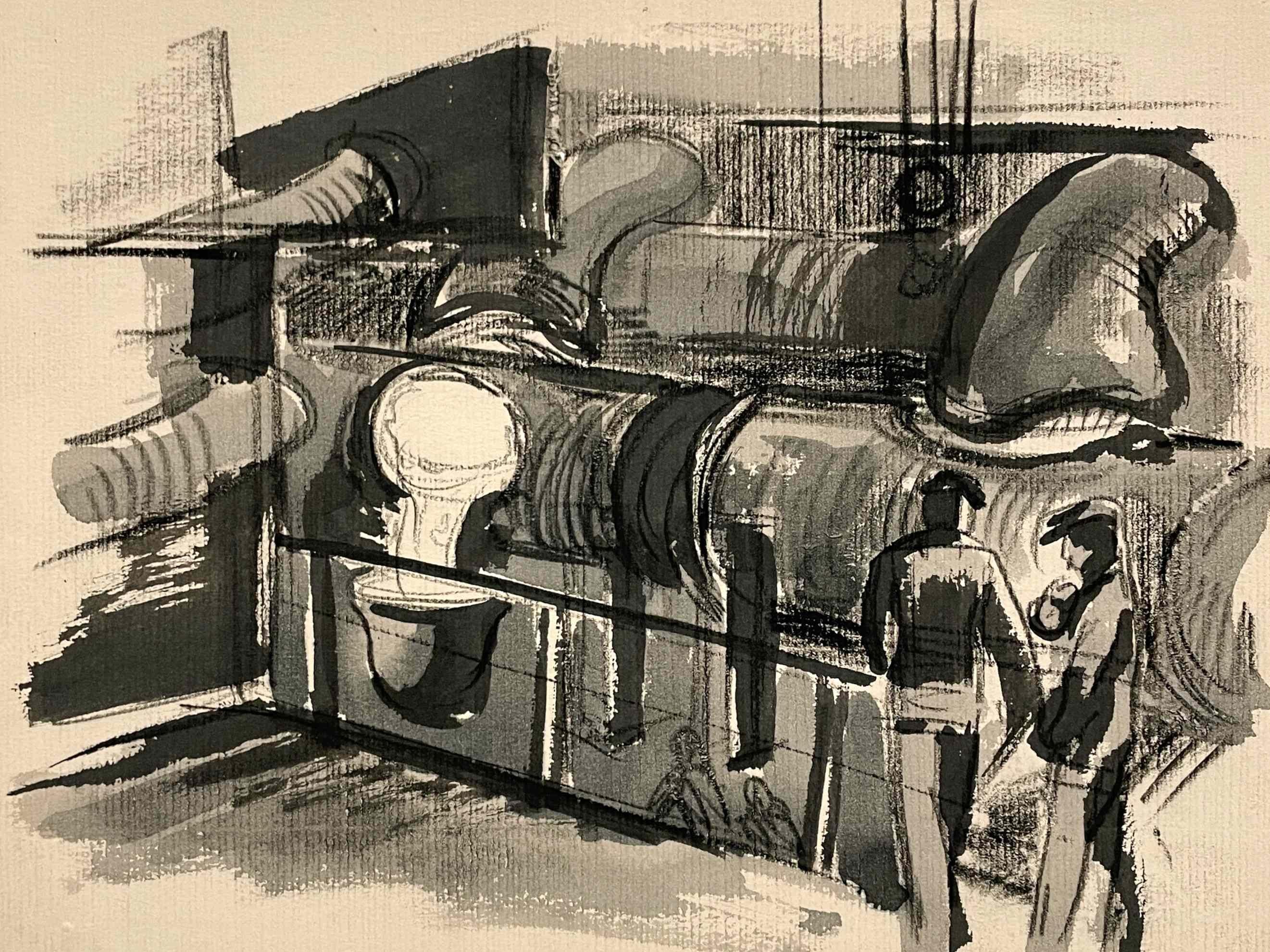 Harold Haydon Abstract Drawing - WPA Era, Industrial Scene of a Steel Mill