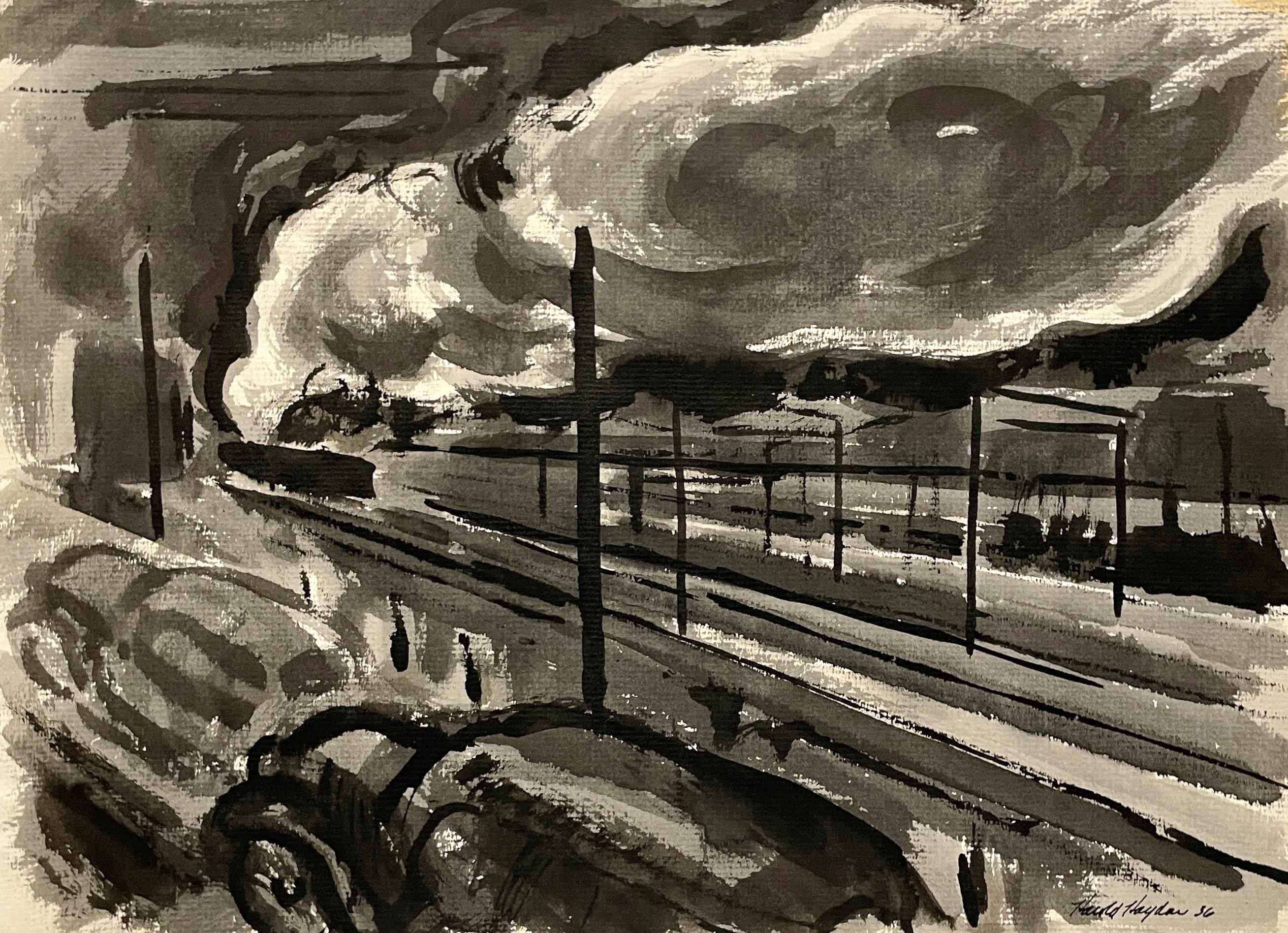 Harold Haydon Landscape Art - Untitled (Rail Yard)