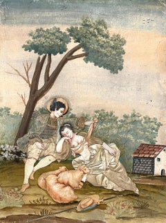 Acquerello e collage francese del 19° secolo - Figure in un paesaggio pastorale