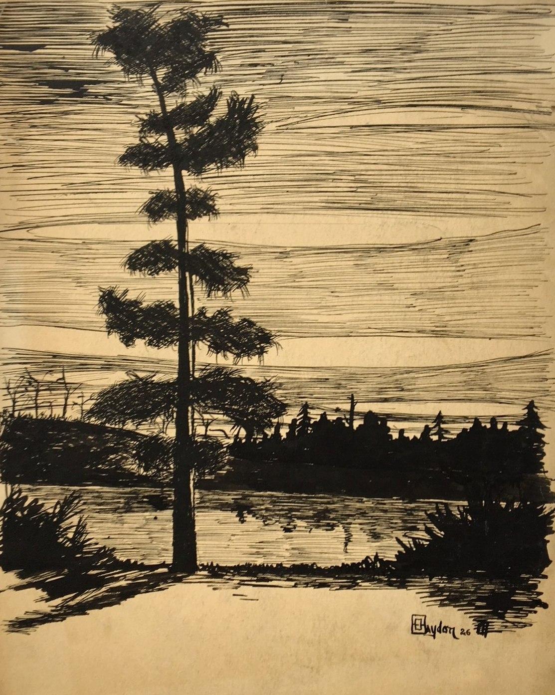 Eine Zeichnung des Künstlers Harold Haydon von 1926 mit Tinte auf Papier, die einen Zedernbaum und einen See im Norden zeigt.  

Harold Emerson Haydon wurde 1909 in Fort William, Ontario, Kanada, geboren.   Haydon kam 1917 mit seiner Familie nach