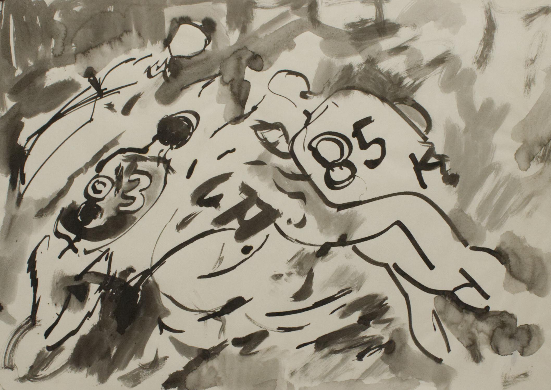 A ca. 1954 watercolor of a football scrimmage at Notre Dame, by artist Francis Chapin.  This was a study for a painting he created for the University in 1954.  The original painting still exists today inside the President's Suite on the Notre Dame