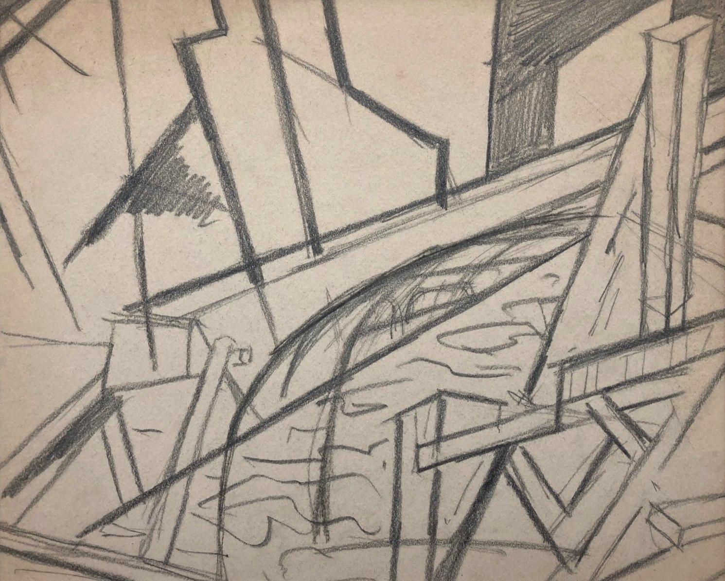 A graphite on paper, untitled mural study, Cubist city scene by WPA-era artist Rudolph Weisenborn, ca. 1940.  Archivally matted to 16" x 18".  Provenance:  Estate of the artist.

Rudolph Weisenborn was born in Strassburg, Germany in 1881, but was
