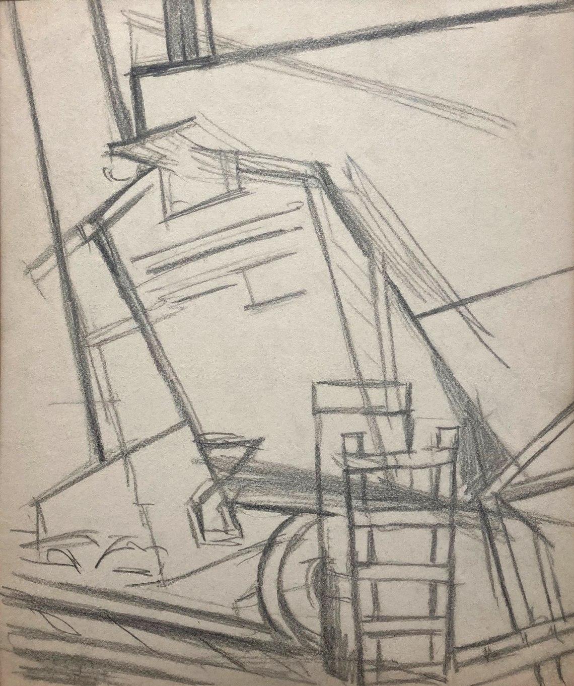 A graphite on paper, untitled mural study, Cubist scene of a rail yard by WPA-era artist Rudolph Weisenborn, ca. 1940.  Archivally matted to 16" x 18".  Provenance:  Estate of the artist.

Rudolph Weisenborn was born in Strassburg, Germany in 1881,