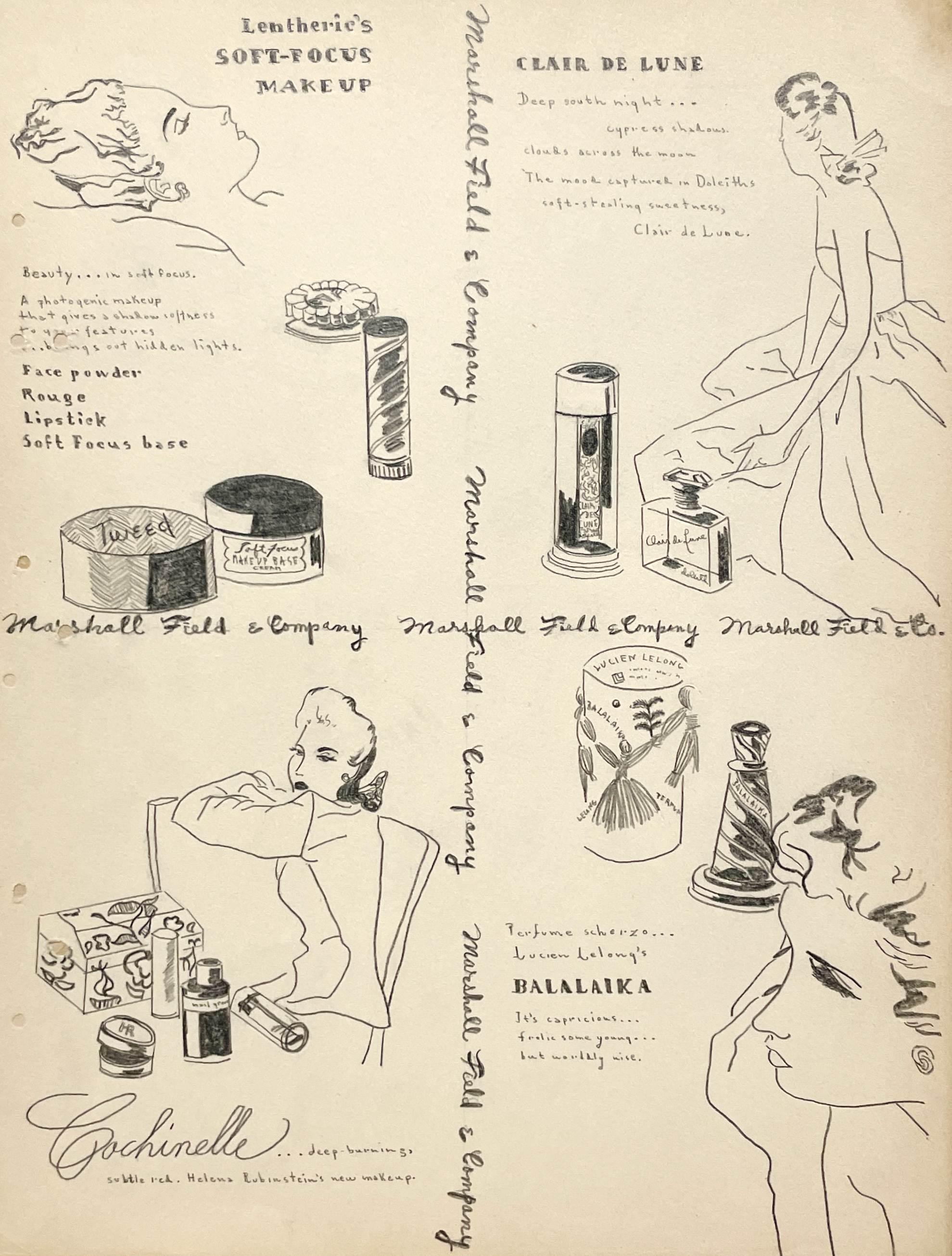 Unknown Figurative Art – Eine Modestudie/Werbung der frühen 1940er Jahre für Marshall Fields & Company