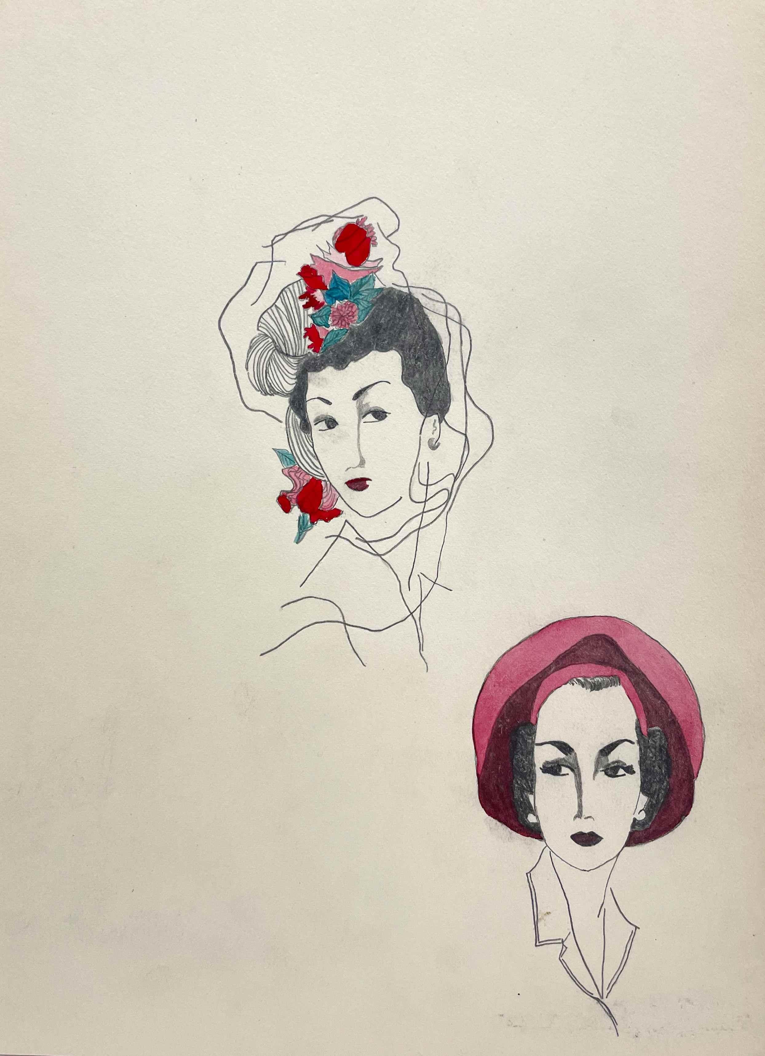 Unknown Figurative Art - A 1940s Fashion Study for Women's Hats