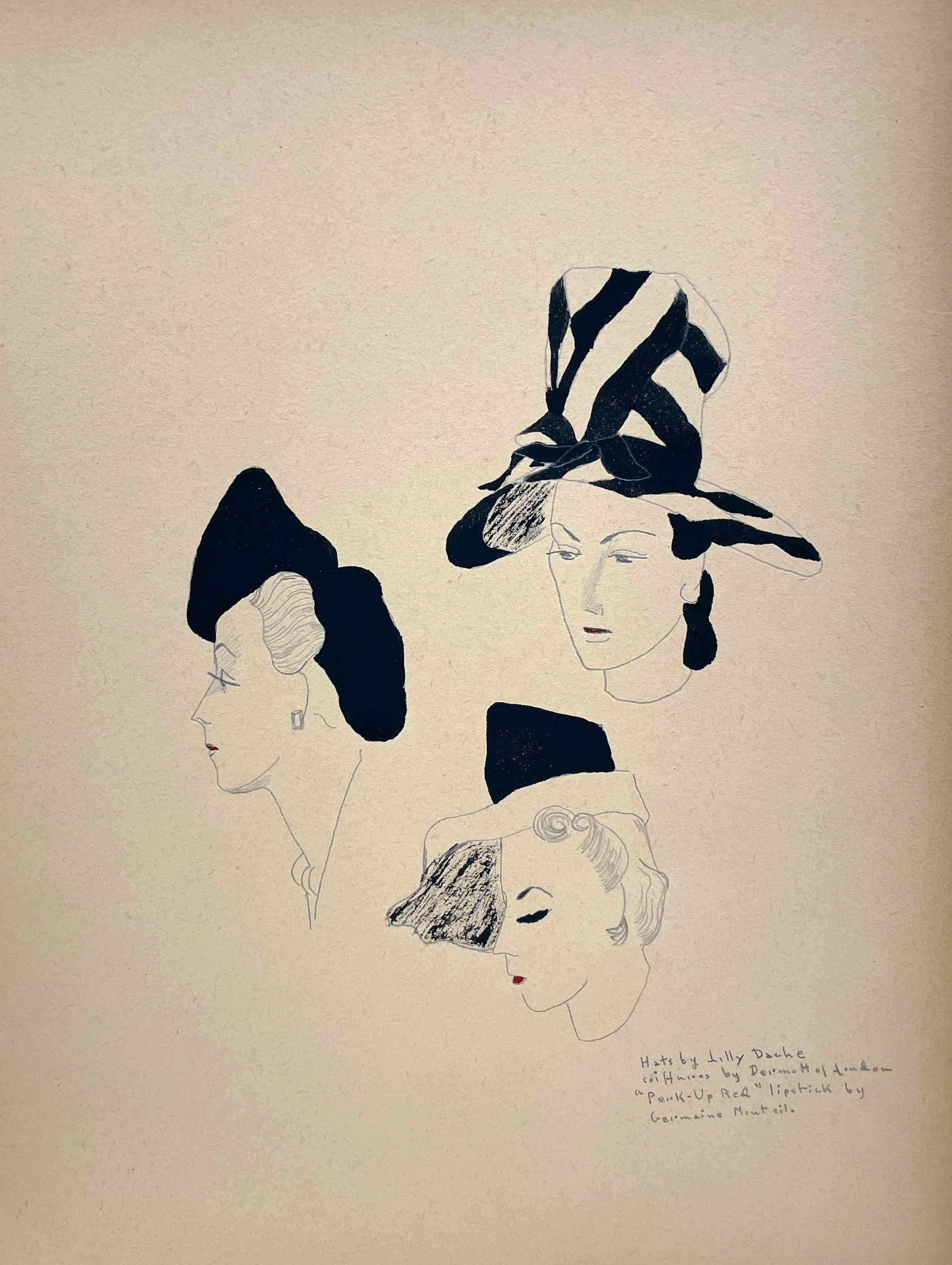 Unknown Figurative Art - A 1940s Black & WhiteFashion Study for Lily Daché Hat Designs