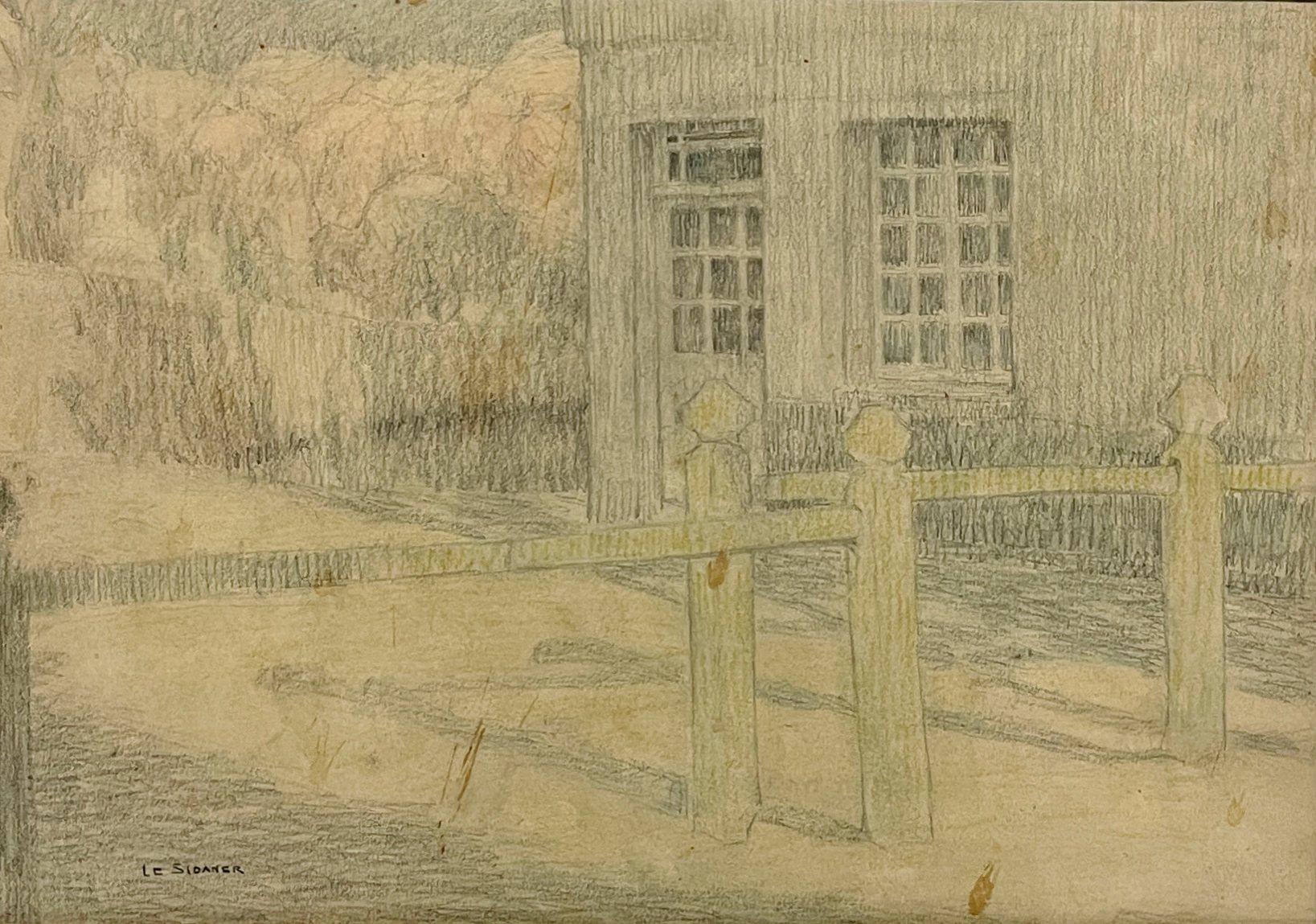 A graphite & colored pencil drawing of La Barrière, Gerberoy, by important Post-Impressionist painter Henri Le Sidaner, titled "La Barrière, Gerberoy".  Drawing accompanied with a certificate signed by Yann Farinaux-LeSidaner.  Provenance:  Louis et