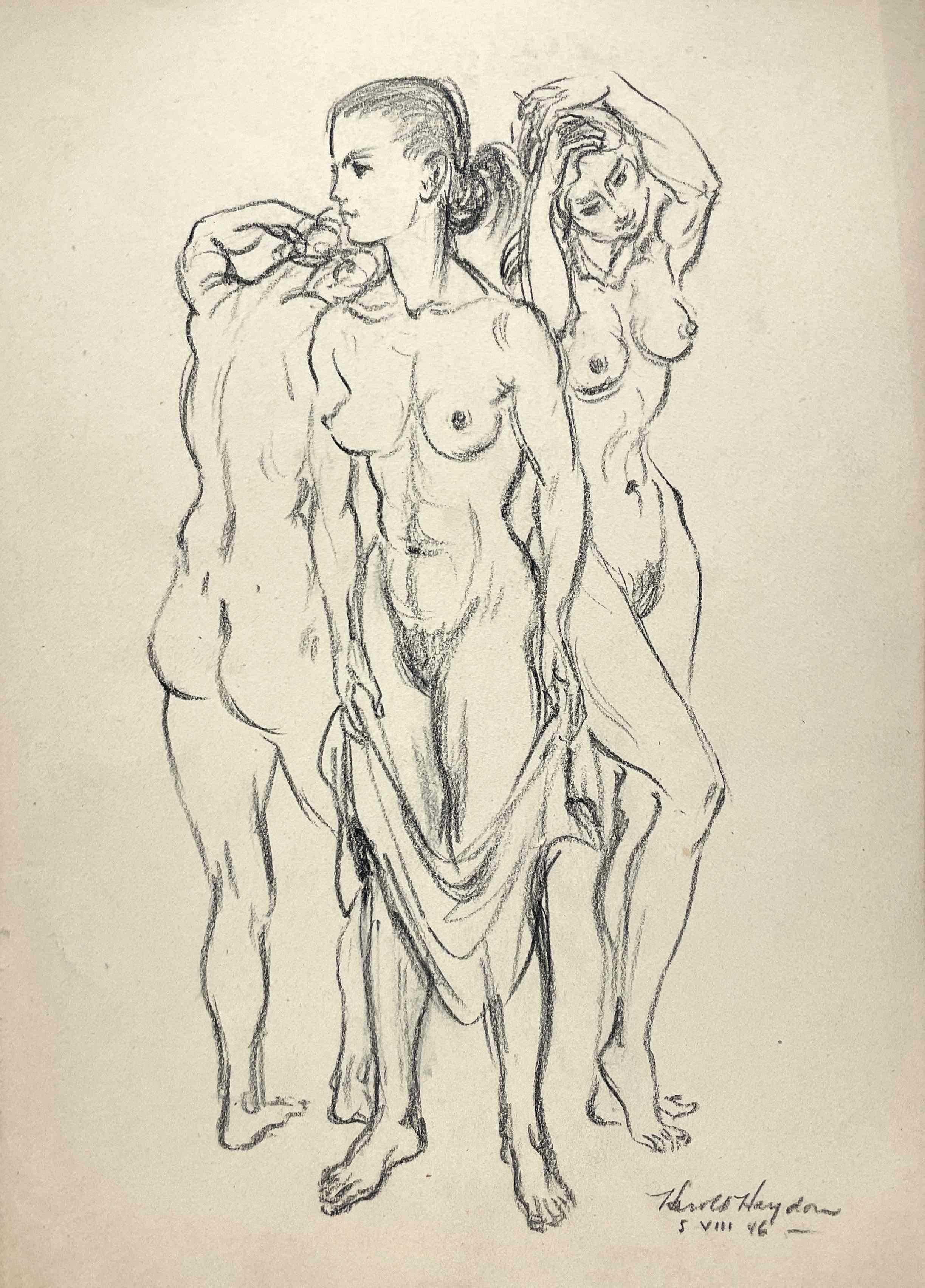 A 1946, charcoal on paper drawing of three nudes by Artist Harold Haydon.  Artwork size:  13 3/4" x 9 3/4".  Archivally matted to 18" x 14".  Provenance:  Estate of the artist.

Harold Emerson Haydon was born in Fort William, Ontario, Canada in