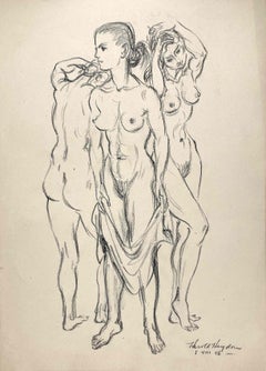 Vintage A 1946, Charcoal on Paper drawing of Three Nudes by Artist Harold Haydon