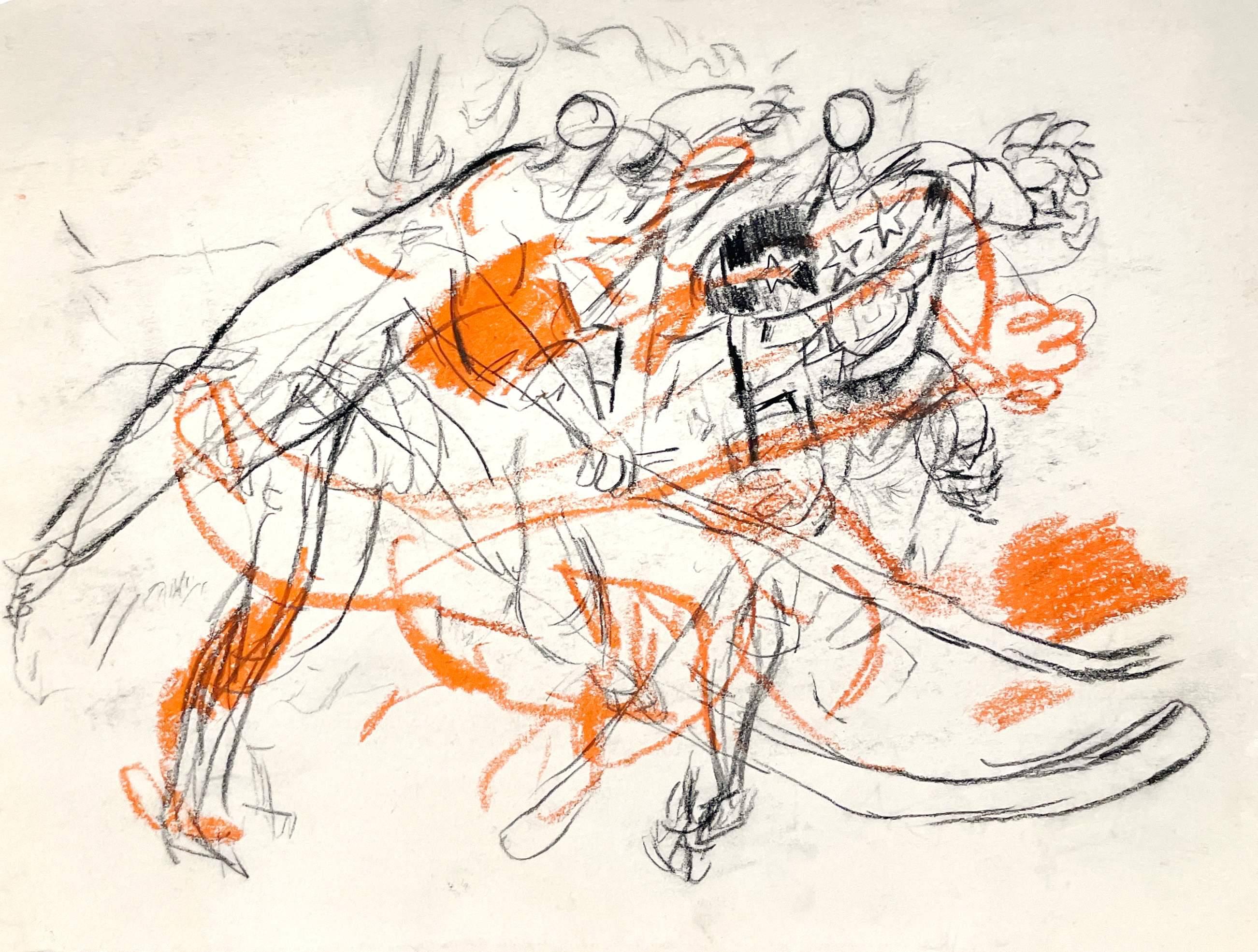 A Años 50  Dibujo al pastel y carboncillo sobre papel de un partido de hockey de Francis Chapin