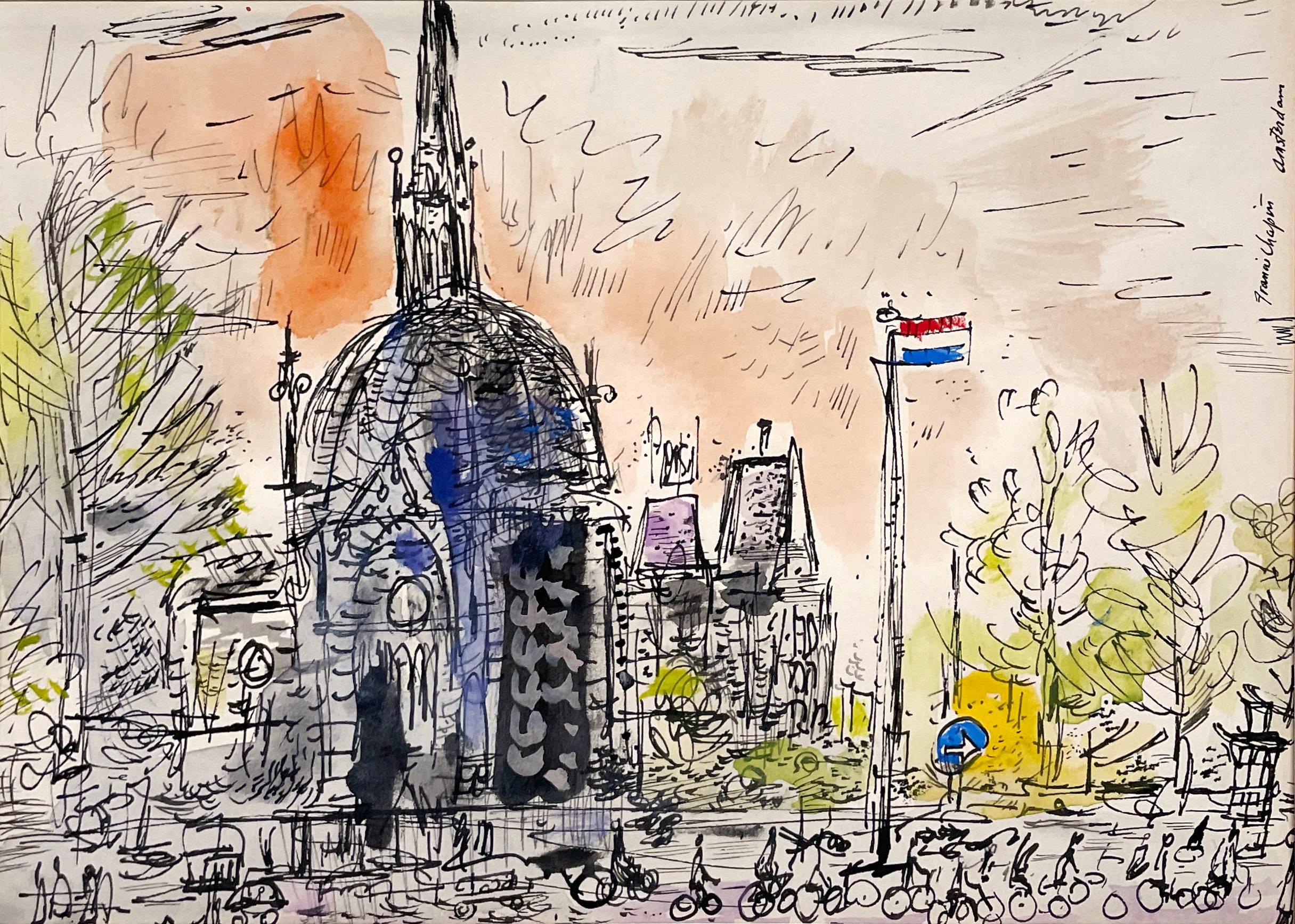 Ein farbenfrohes und charmantes, architektonisches Stadtbild von Amsterdam aus der Jahrhundertmitte des Künstlers Francis Chapin.  Größe des Kunstwerks:  7 3/4" x 10 3/4.  Archivmattiert auf 14" x 18".  Provenienz: Nachlass des Künstlers. 

Francis