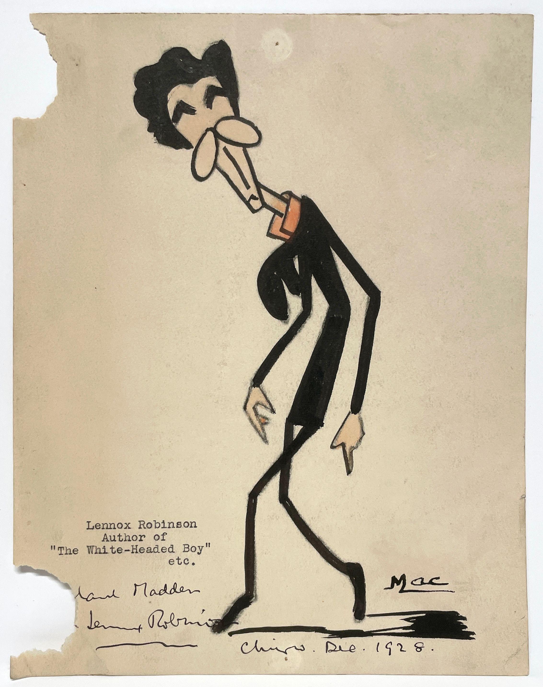 A 1920s caricature of author Lennox Robinson, by artist Isa M. Macnie.  Inscription on drawing reads:  "Author of “The White-Headed Boy” etc."  Image size:  8 7/8" x 6 7/8".  Archivally matted to  12" x 16".

Isa Macnie (9 August 1869 – April 1958),