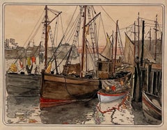 Ein Aquarell von Schiffen in einem Dock am Chicago River aus dem Jahr 1926 des Künstlers Harold Haydon