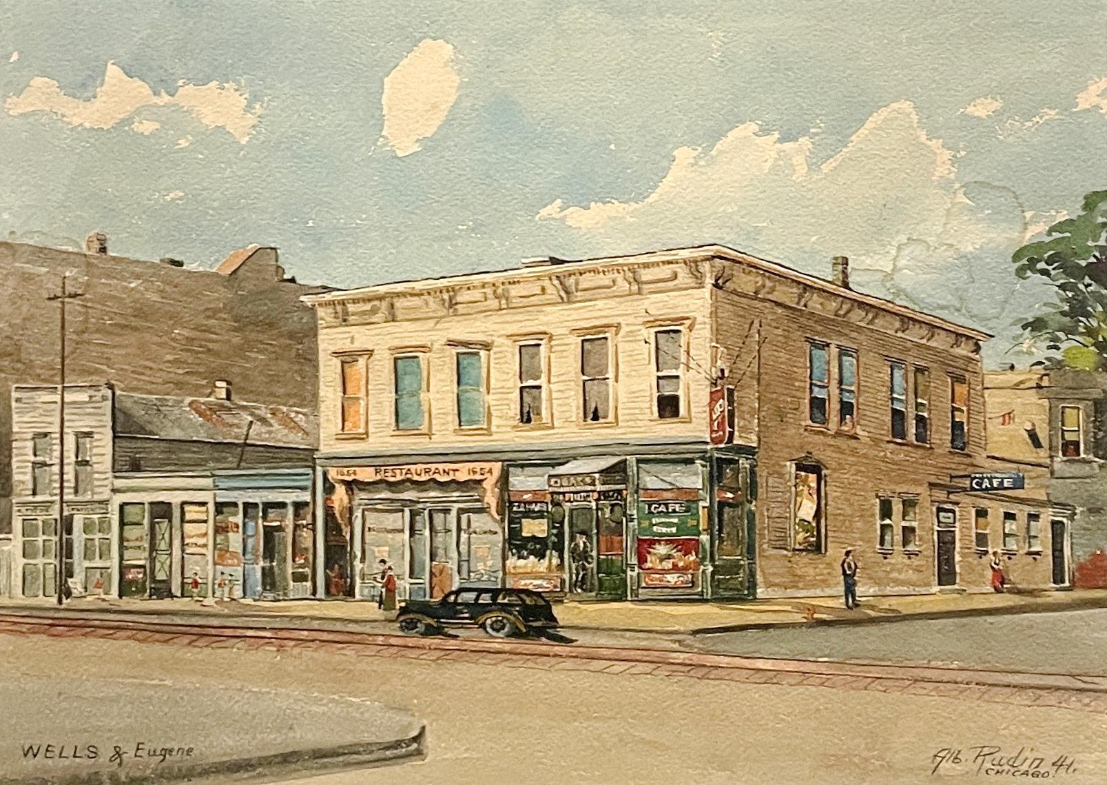 Ein wunderschönes Aquarell von Albert Rudin aus dem Jahr 1941 mit dem Titel "Wells & Eugenie", das ein altes Auto in Chicagos Altstadt zeigt.  Bildgröße:  11 1/2" x 15 1/2".  Gerahmte Größe:  18" x 21 1/2").  Dieses Stück stammt aus der