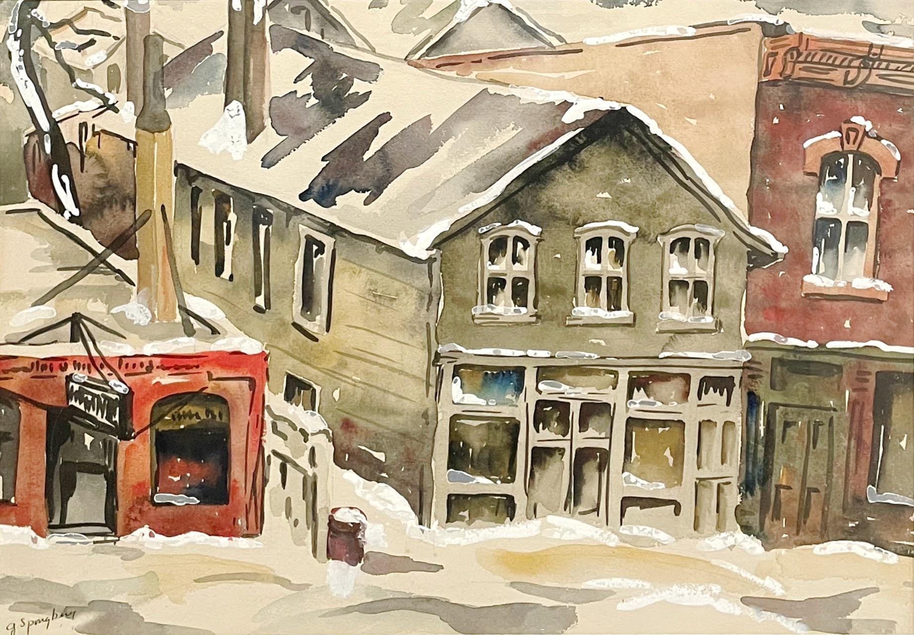 A 1940s American Scene watercolor depicting a snowy Chicago Street Scene by artist Grace Spongberg.  Image size:  12 1/2" x 17".  Framed size:  18 1/2" x 22 1/2".  This painting comes from the notable Friedman Collection of Chicago.

Grace Spongberg