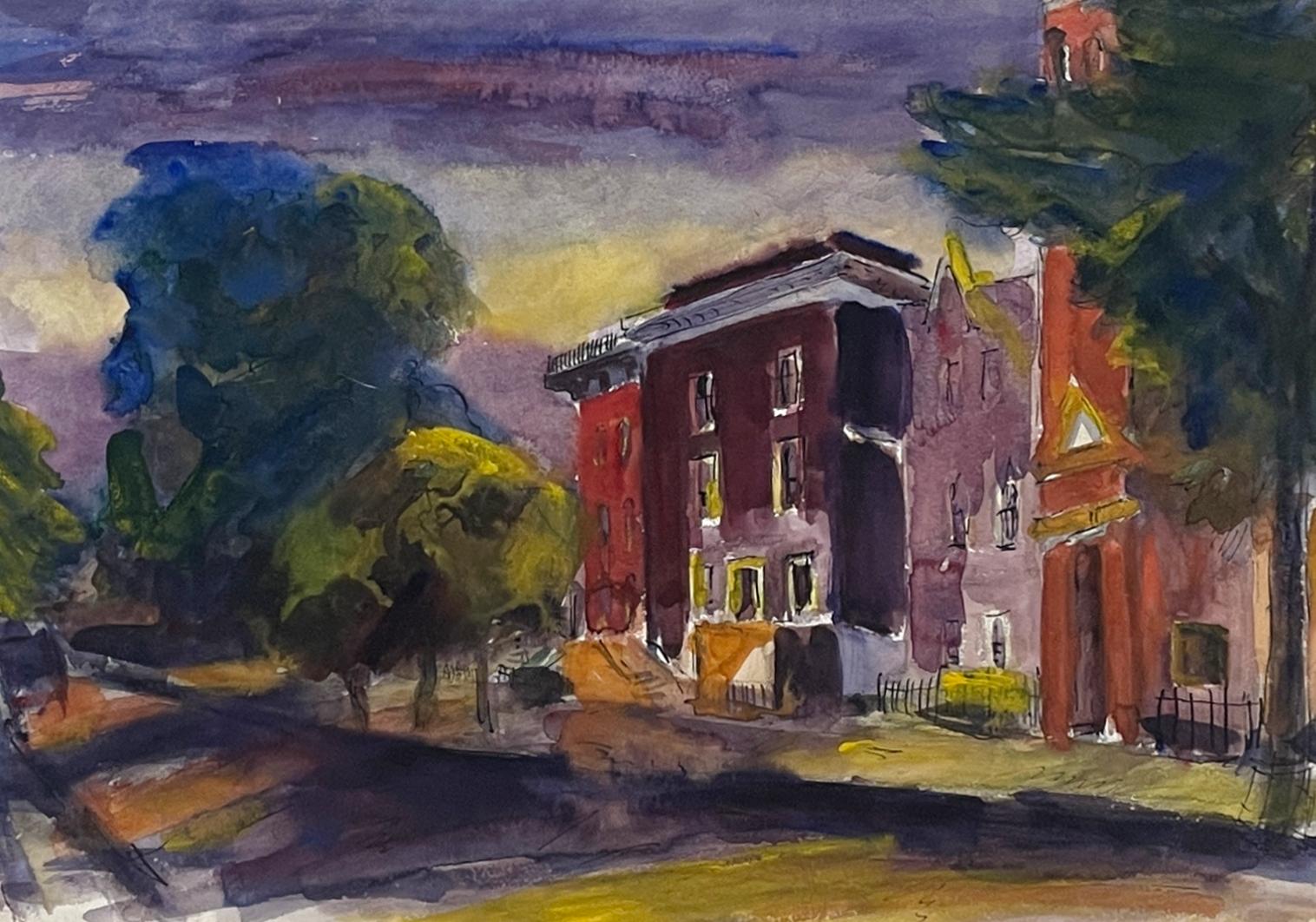 A 1930s cheerful & colorful watercolor depicting a Chicago Street scene by artist Constantine Pougialis.  Image size:  15" x 22". Painting bears its original frame, which measures 21" x 27 1/2".  This watercolor comes from the notable Friedlander