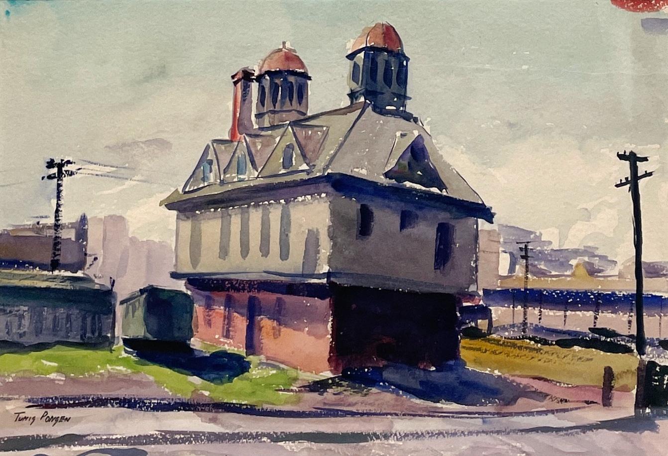 Une aquarelle des années 1930 intitulée "Chicago Rail Yard" par l'important artiste de Chicago/Michigan Tunis Ponsen.  Taille de l'image :  10 1/2" x 15 1/2".  Taille encadrée :  18" x 23 1/2".  Cette aquarelle provient de la remarquable Collection