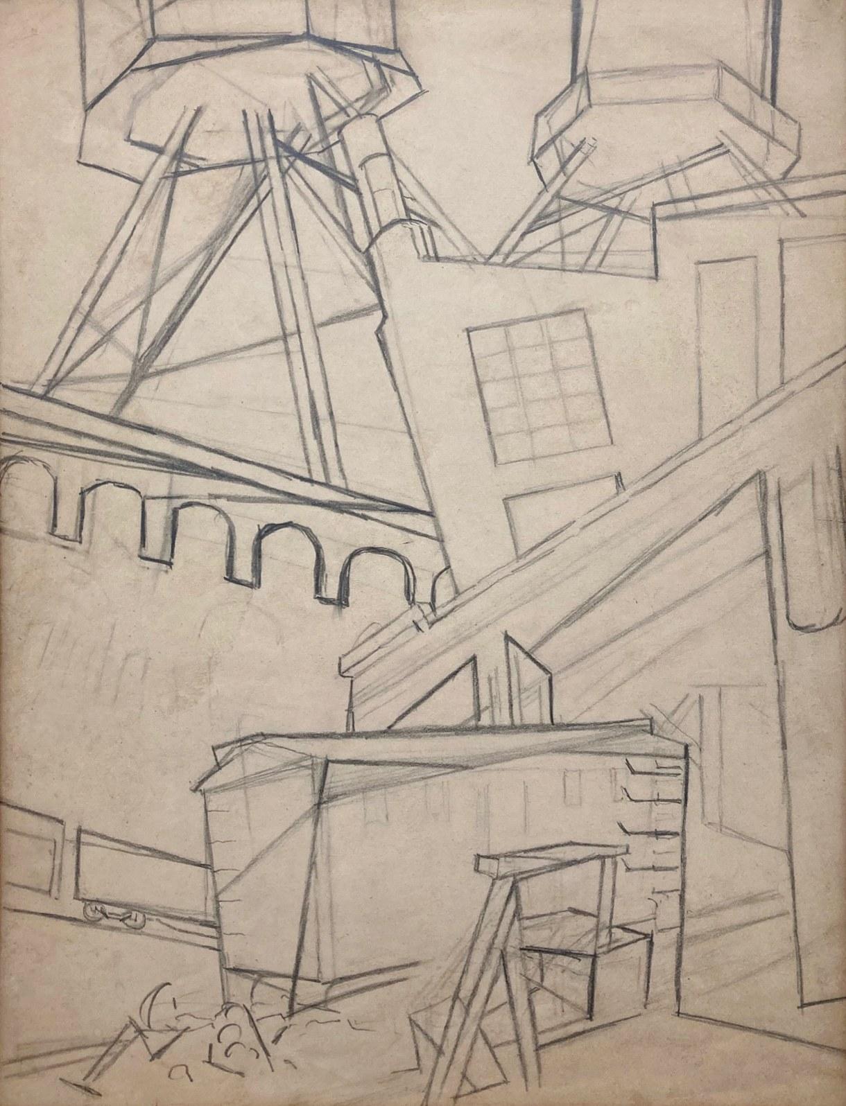Une étude murale d'une scène urbaine, graphite sur papier, datant des années 1940 par Rudolph Weisenborn