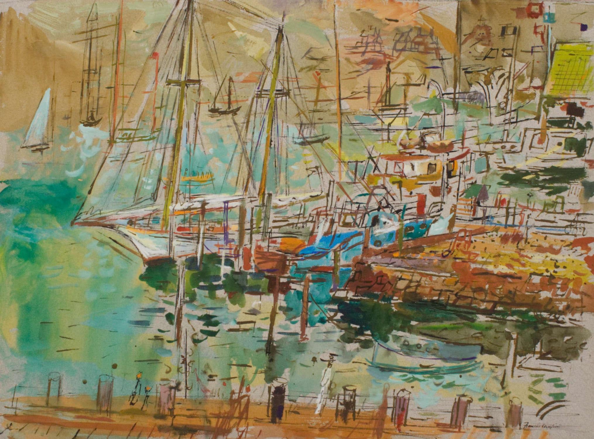 Une grande aquarelle et un pastel vers 1955 représentant une scène de quai de Martha's Vineyard par le célèbre artiste Francis Chapin.  Taille de l'œuvre :  19" x 25".  Archivage de la pochette à.. :  24" x 30".  Provenance :  Succession de