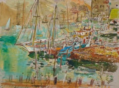 Escena de muelle de Martha's Vineyard en acuarela y pastel de gran tamaño por Francis Chapin