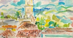 Ein lebhaftes, farbenfrohes Aquarell mit Dorf Rooftops aus der Mitte des Jahrhunderts von Rudolph Pen