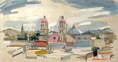 Eine charmante 1940er Jahre Aquarell von Mexiko w / Kathedrale und Dächer von Rudolph Pen