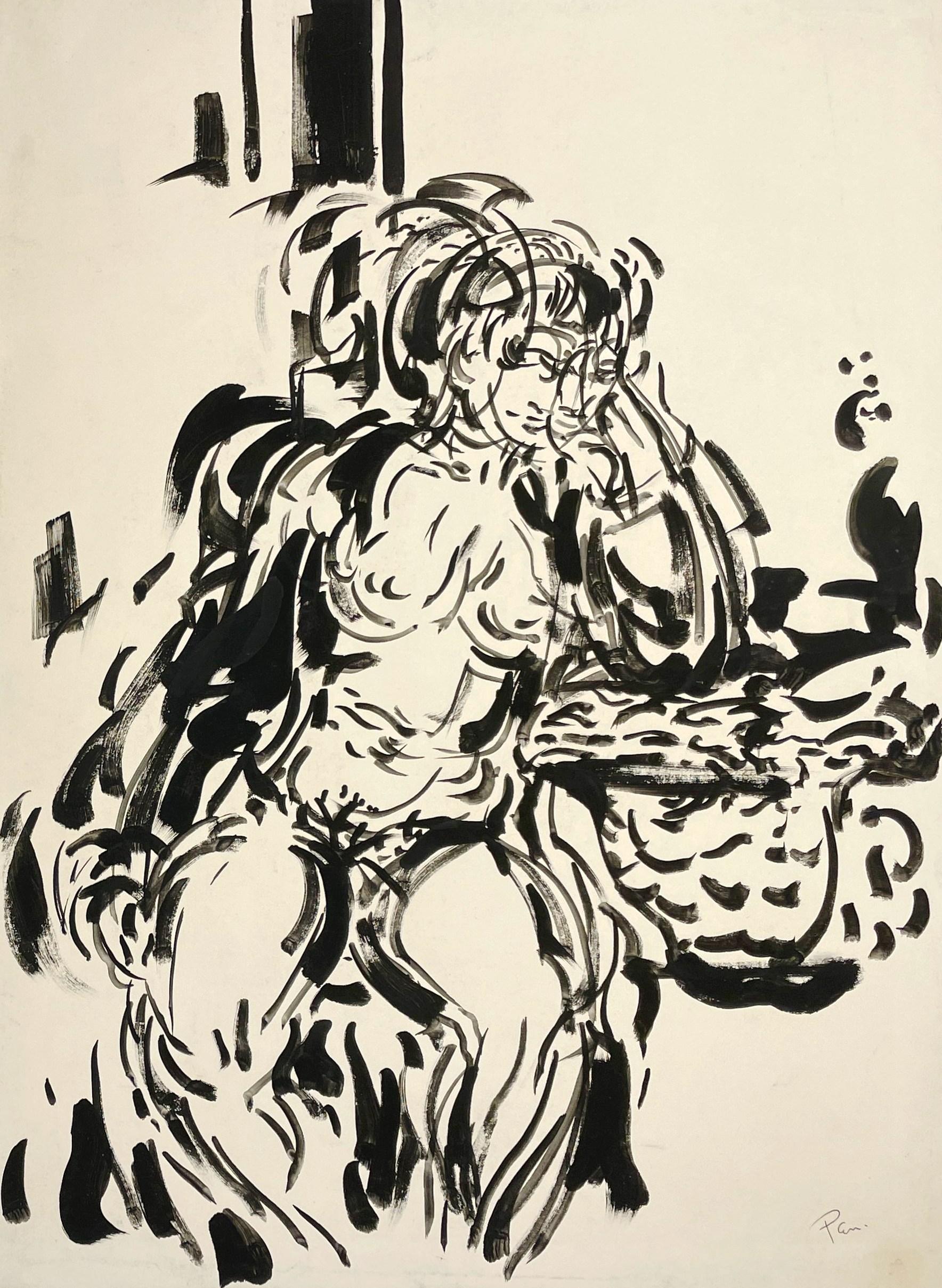 Atemberaubende Mid-Century Modern-Tinte-Zeichnung eines sitzenden weiblichen Aktes von Rudolph Pen
