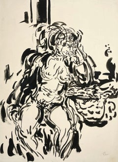 A Stunning Mid-Century Modern Ink Drawing of a Seated Female Nude by Rudolph Pen