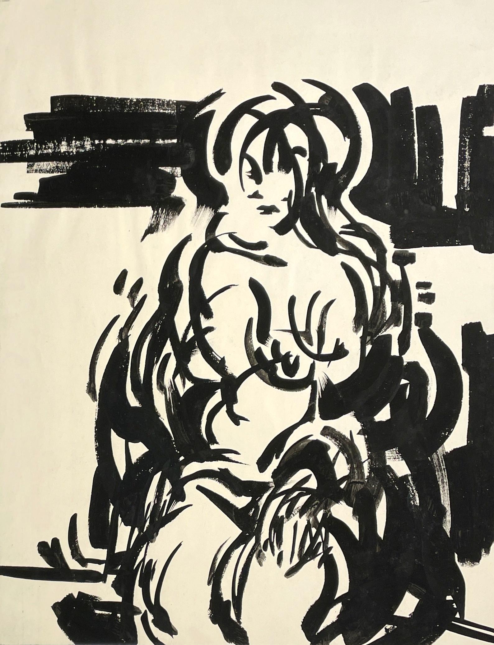 A Striking Mid-Century Modern Ink Drawing of a Seated Female Nude by Rudolph Pen