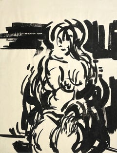A Striking Mid-Century Modern Ink Drawing of a Seated Female Nude by Rudolph Pen