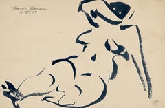 Sorprendente dibujo a tinta de un desnudo femenino reclinado de mediados de siglo de los años 50